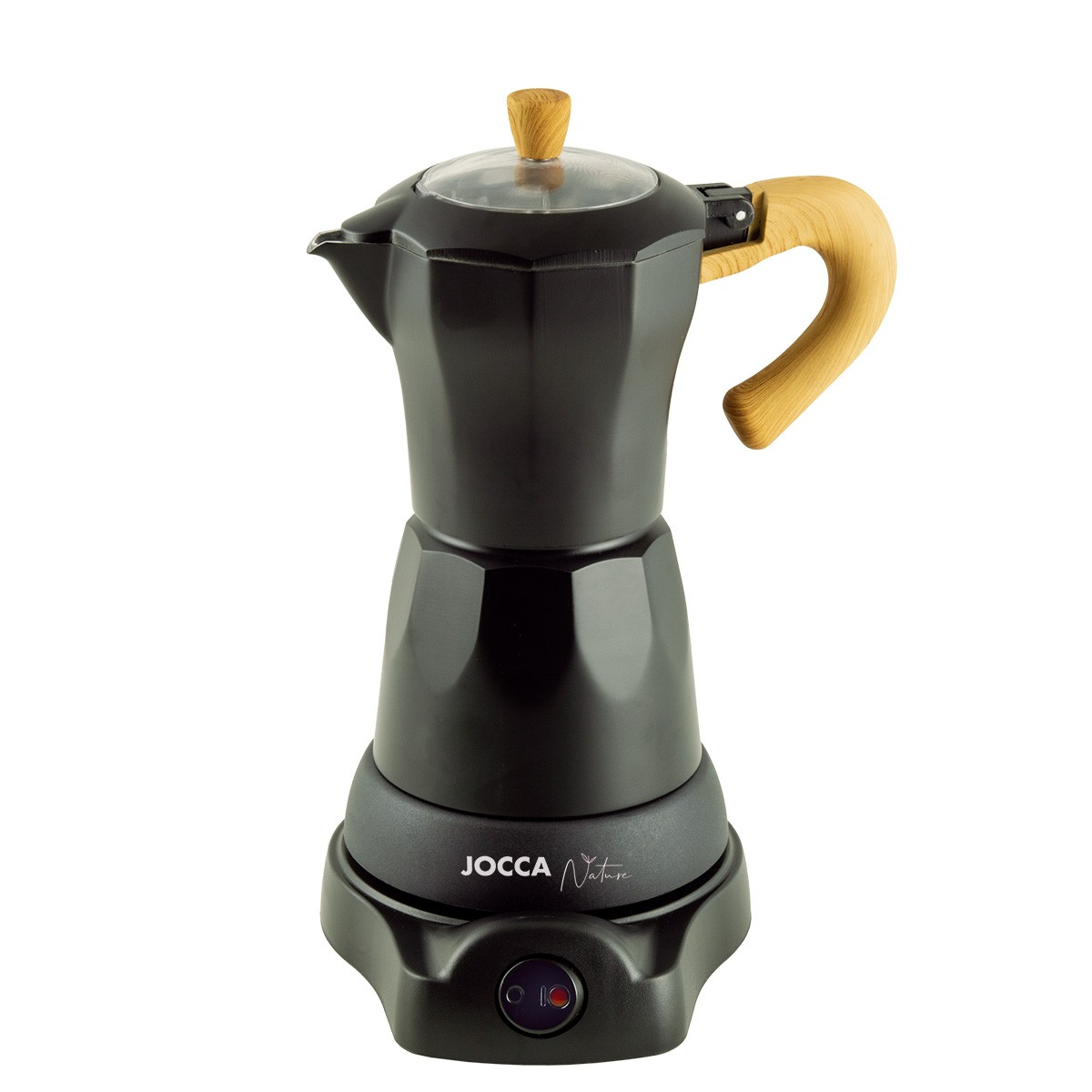 Schwarzer Espressokocher mit Holzgriff. Er hat einen durchsichtigen Deckel.