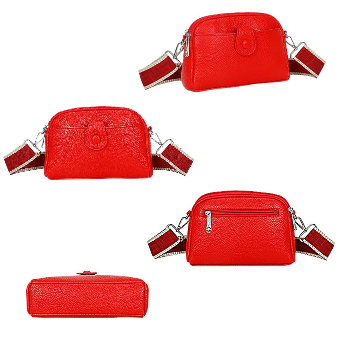 Rote Leder-Umhängetaschen, verschiedene Winkel.