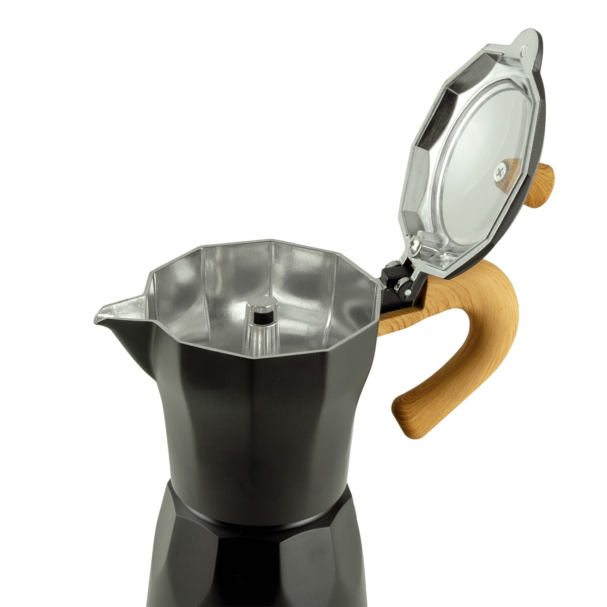 Ein schwarzer Kaffeebereiter mit Holzgriff und offenem Deckel.