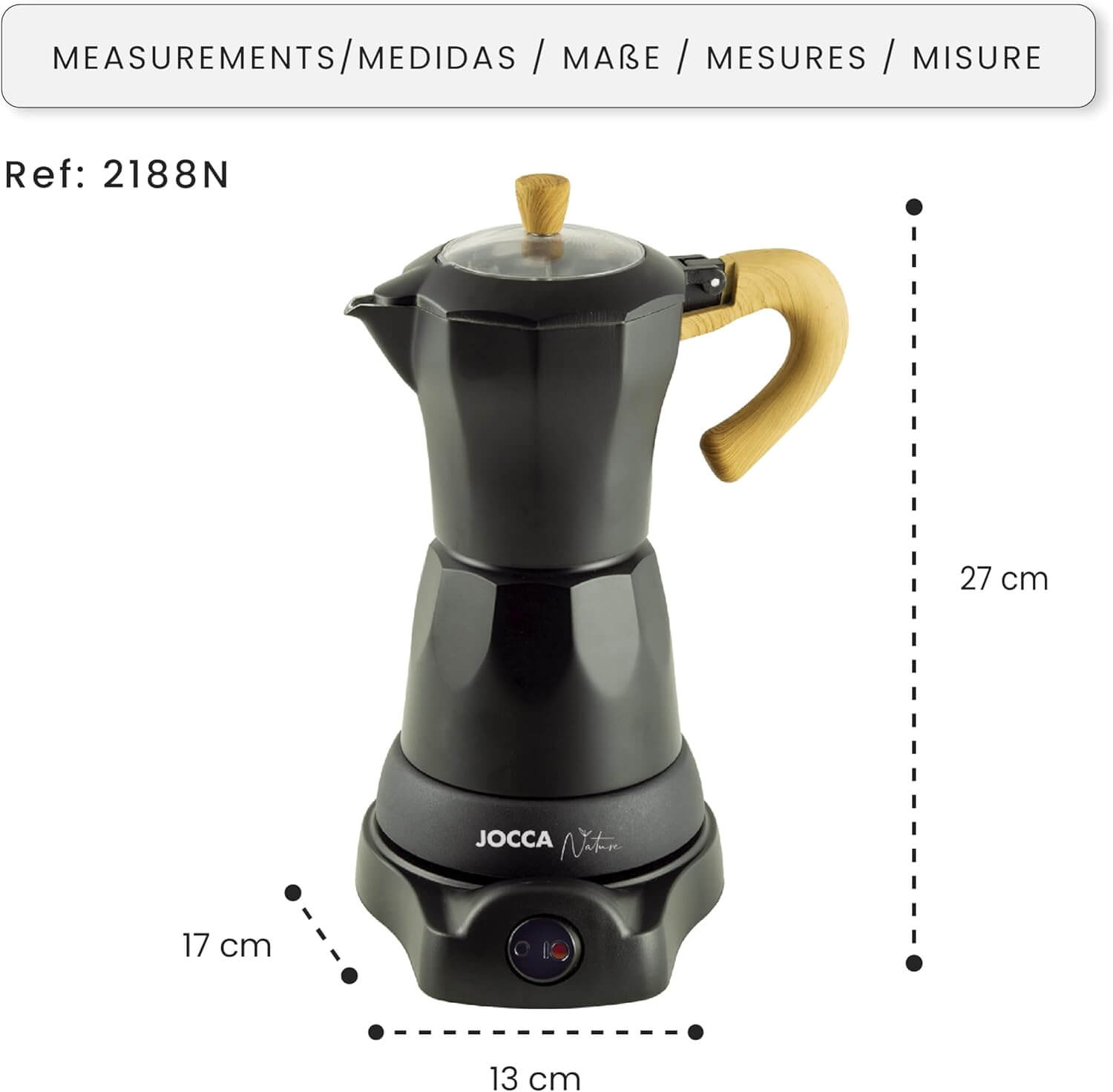 Schwarzer Kaffeebereiter mit Holzgriff. Abmessungen werden mit Linien und Maßen angezeigt.