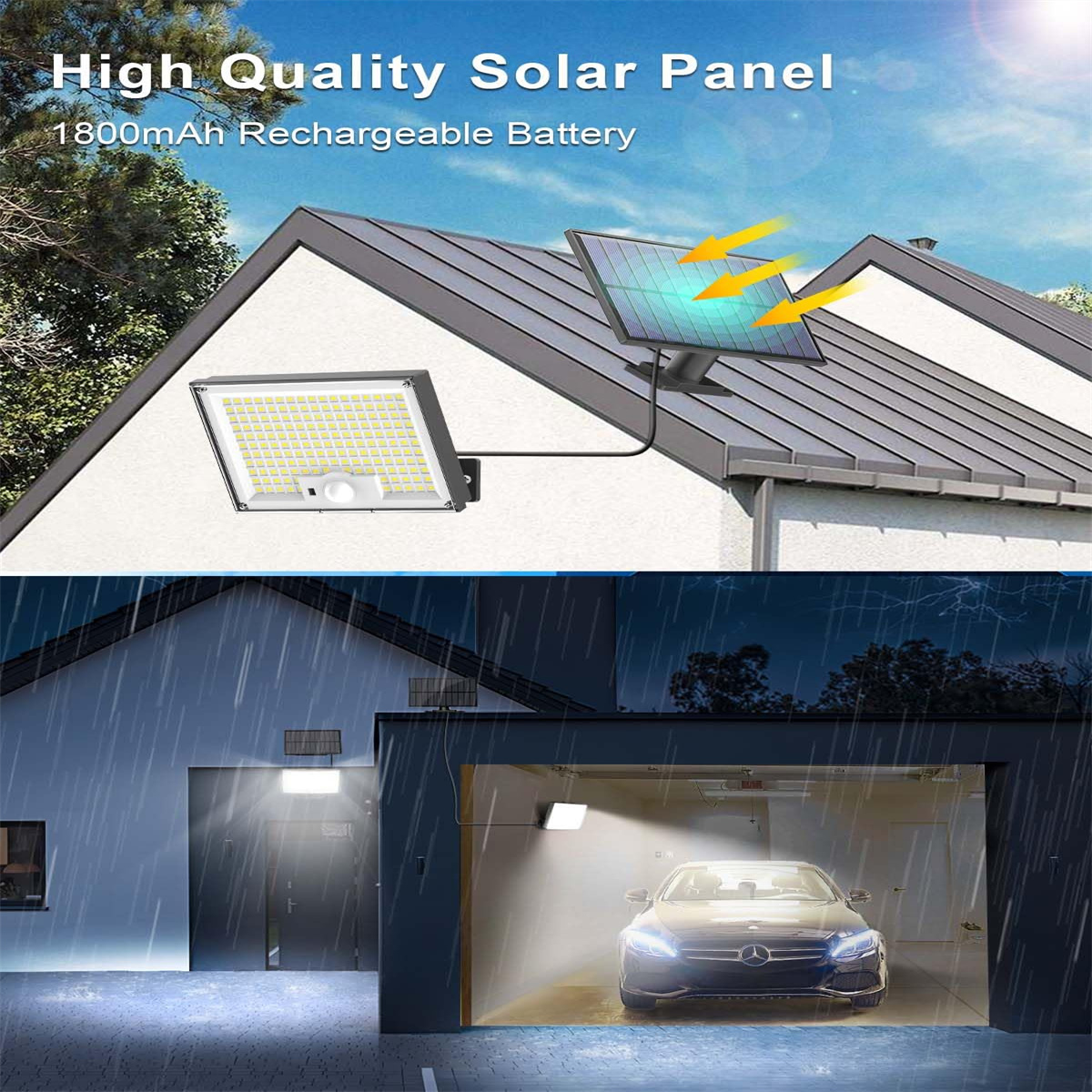 Ein Solarpanel auf einem Dach und ein Auto in einer Garage mit eingeschaltetem Licht, Regen fällt.