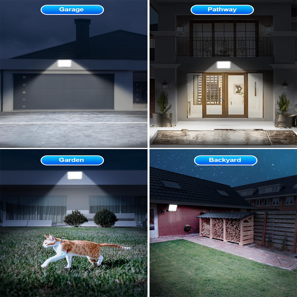 Vier Bilder, die Außenbeleuchtungsanwendungen zeigen: Garage, Weg, Garten und Hinterhof bei Nacht.