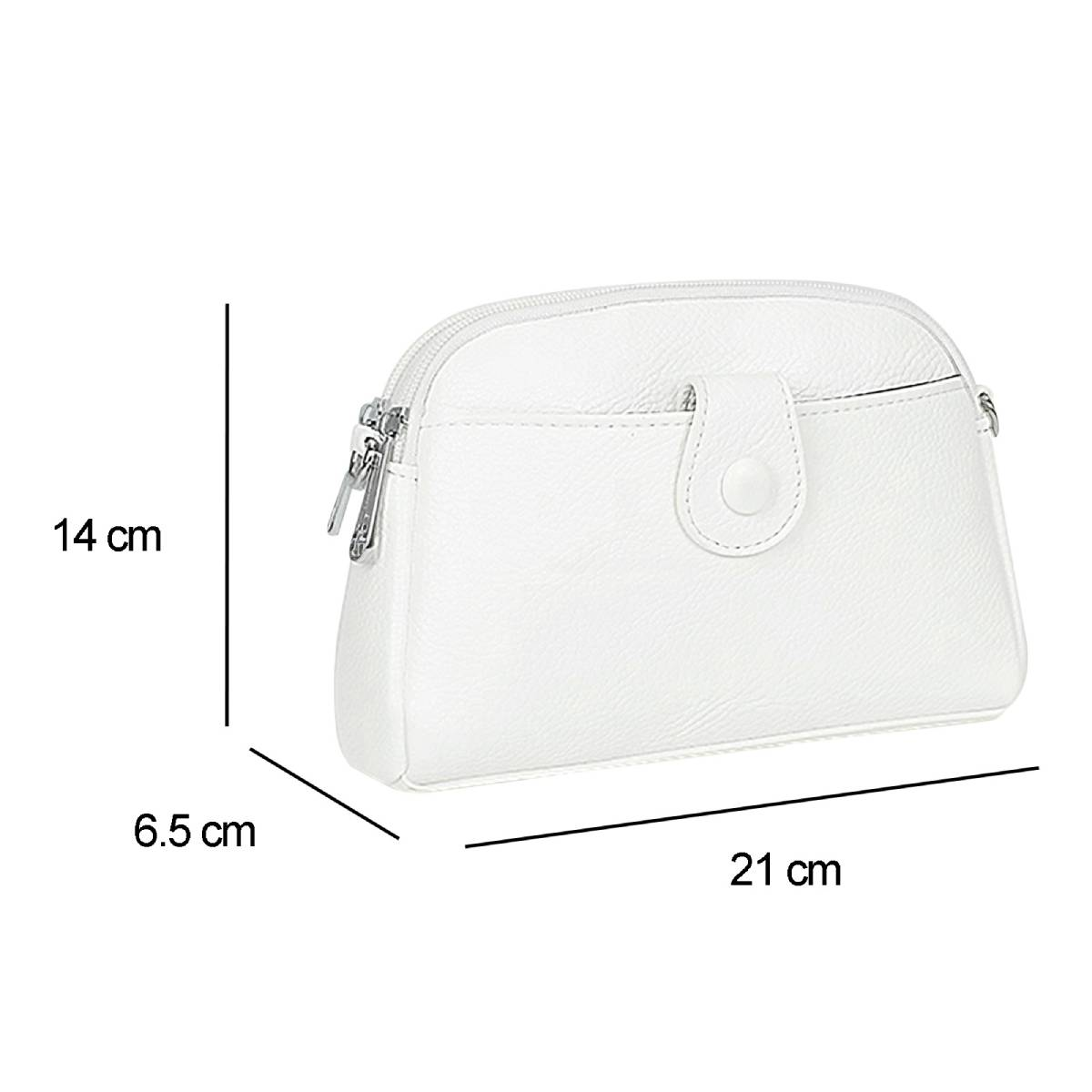 Weiße Handtasche mit beschrifteten Abmessungen. Die Tasche hat einen Reißverschluss und einen Knopfverschluss.