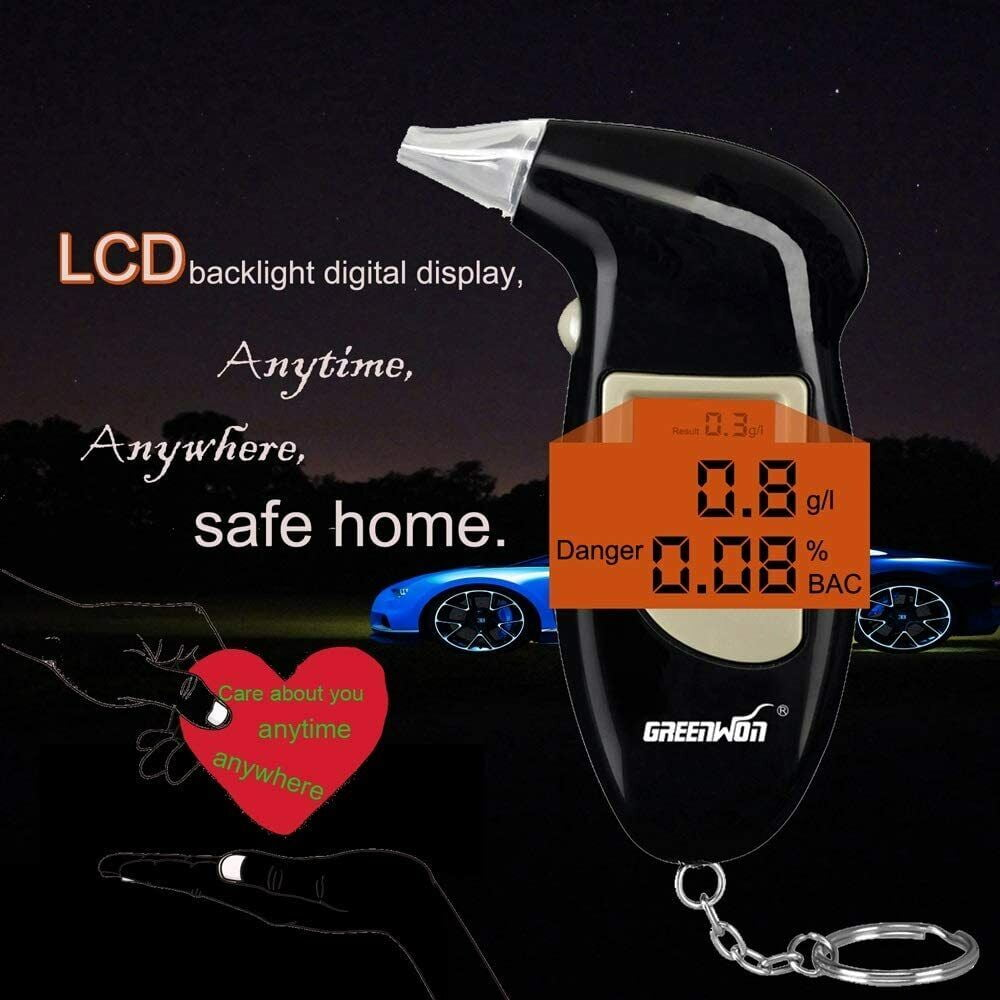 Schwarzes Alkoholmessgerät mit Digitalanzeige, die 0,8 g/l anzeigt. Sicheres Zuhause, kümmere dich jederzeit und überall um dich.