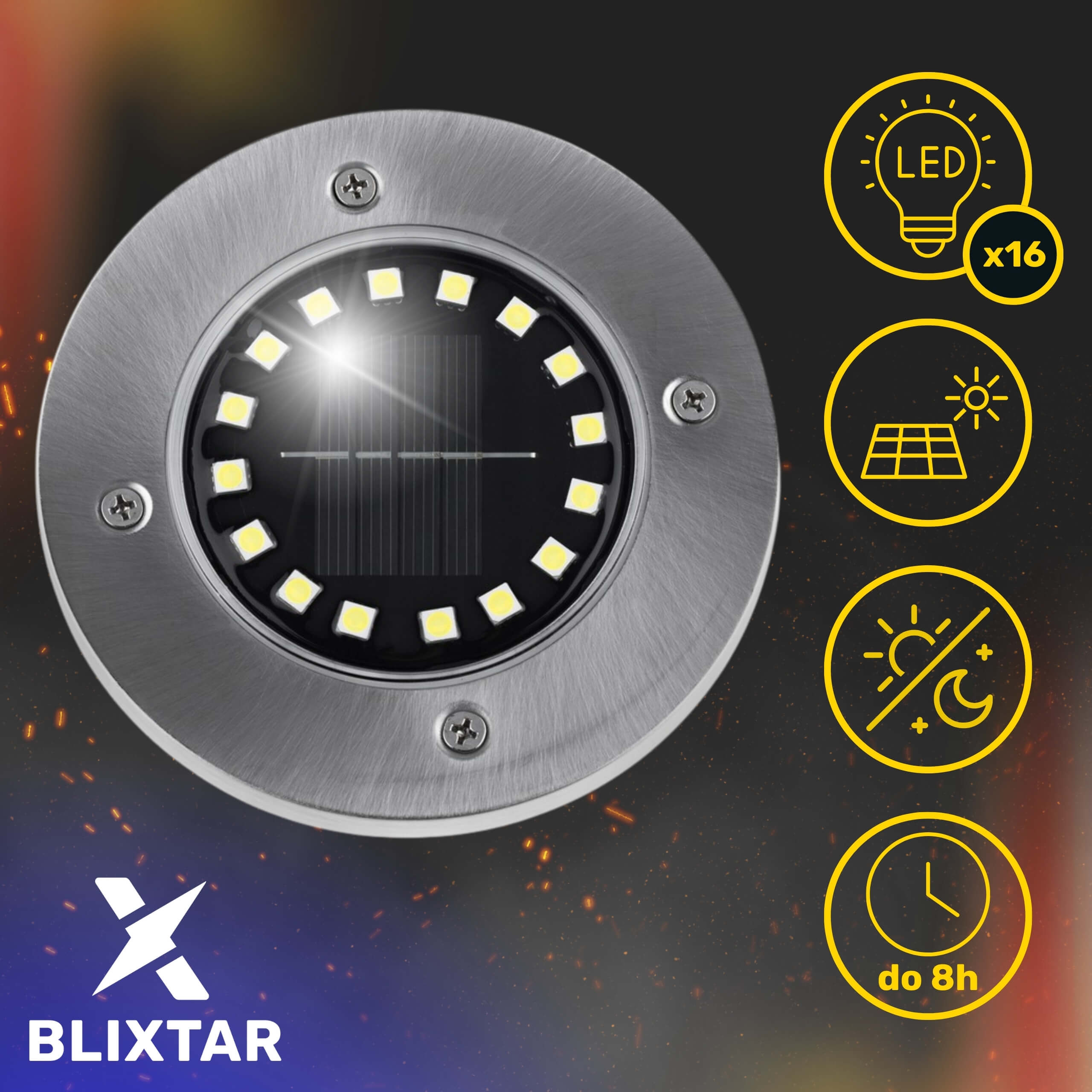 Okrągła, srebrna lampa solarna z 16 diodami LED, panelem słonecznym i ikoną timera. Marka to BLIXTAR.