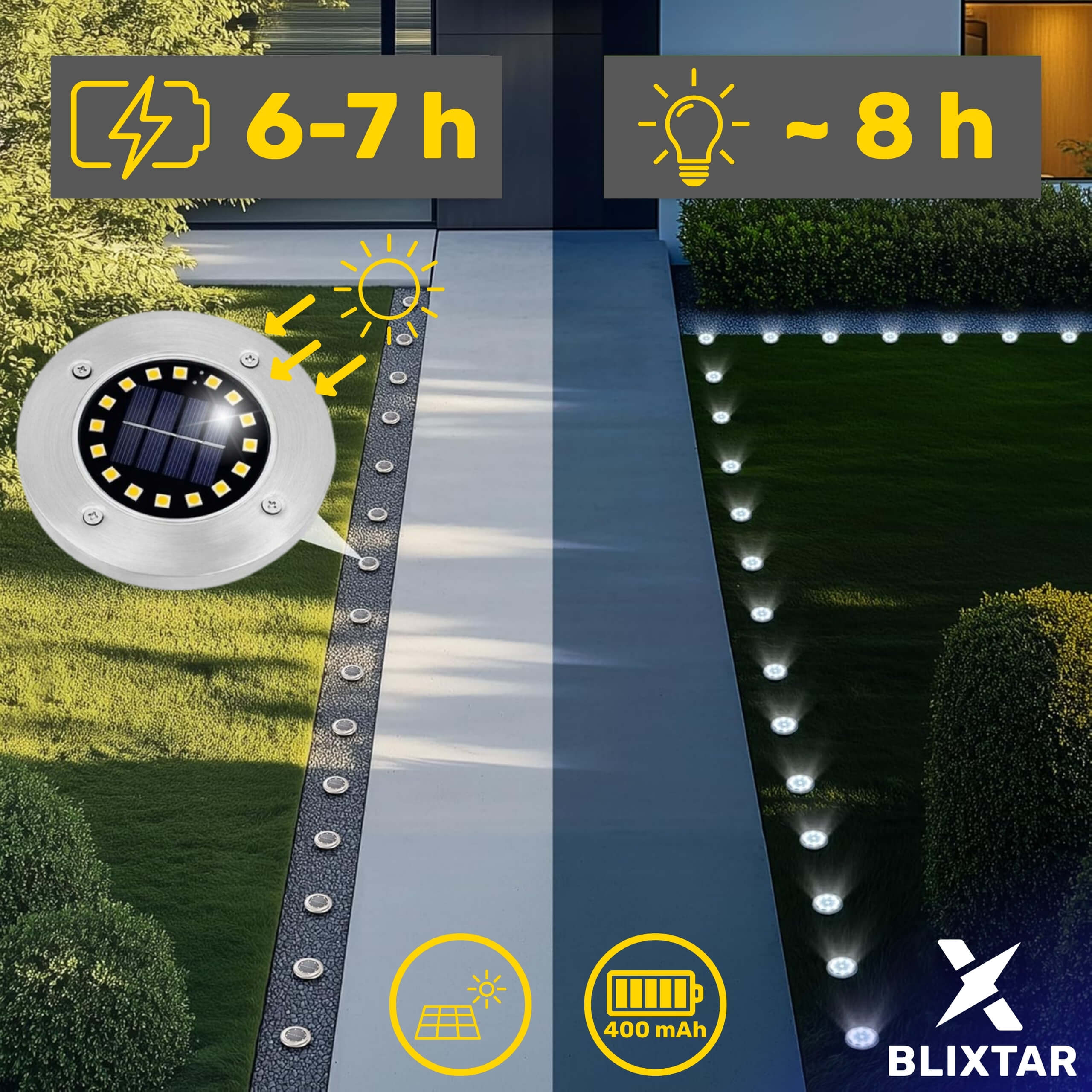 Solarne lampy ogrodowe, z informacją o czasie świecenia i ikoną baterii 400mAh.