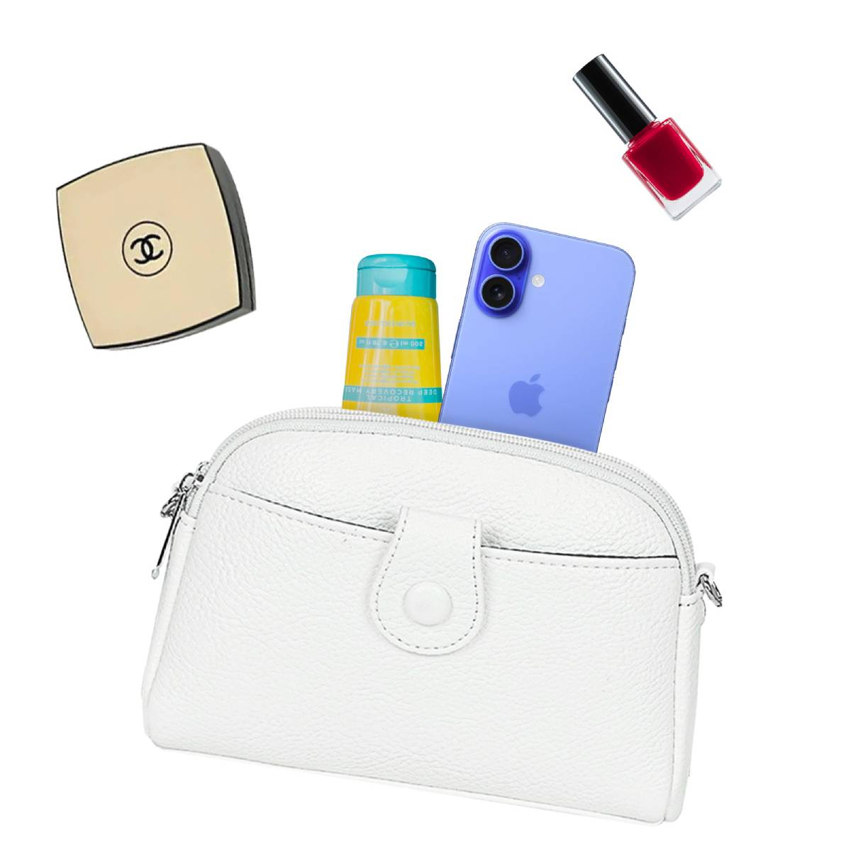 Weiße Tasche mit Make-up, Nagellack und einem Telefon.