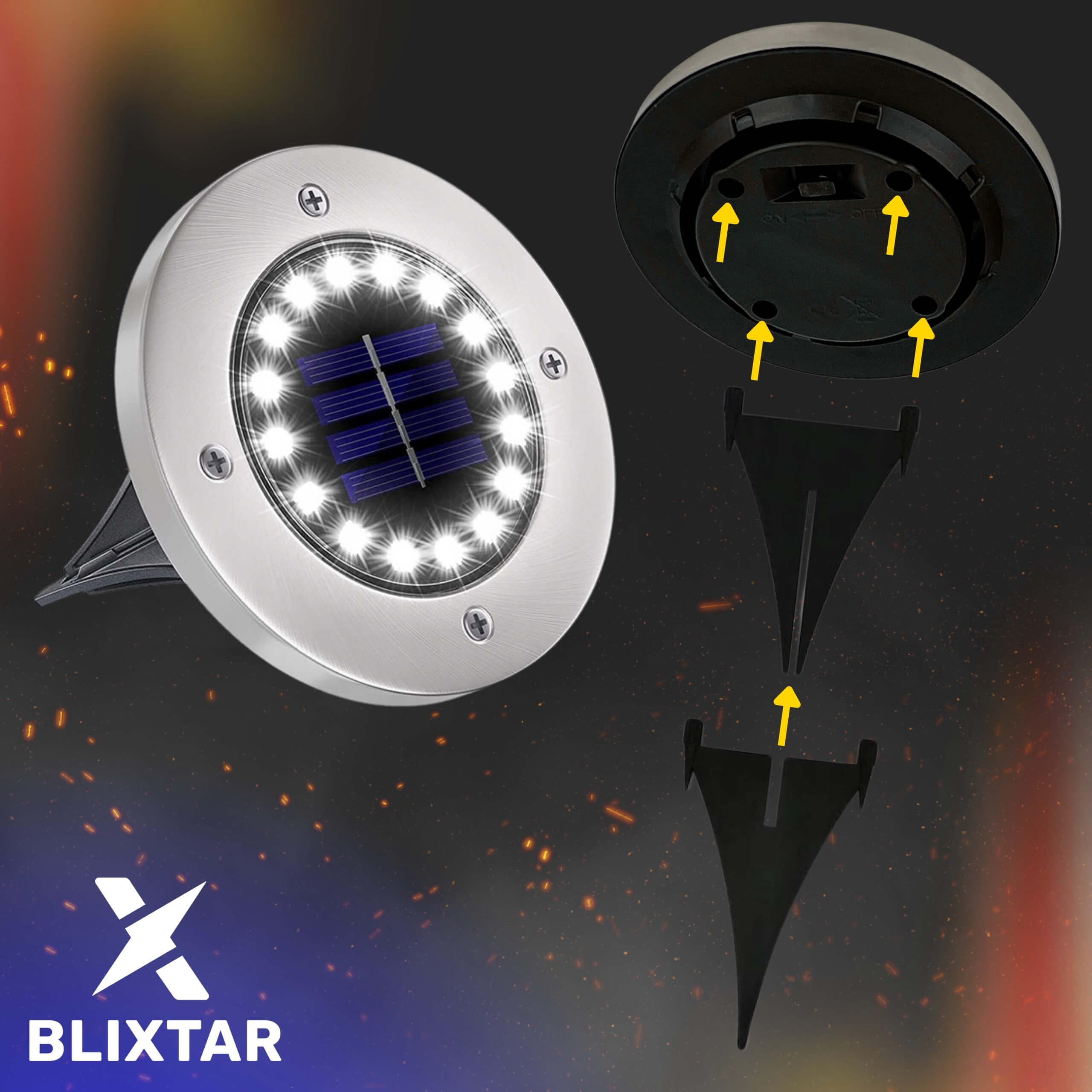 Słoneczna lampa gruntowa z diodami LED, zdemontowana, z kołkami i instrukcjami.