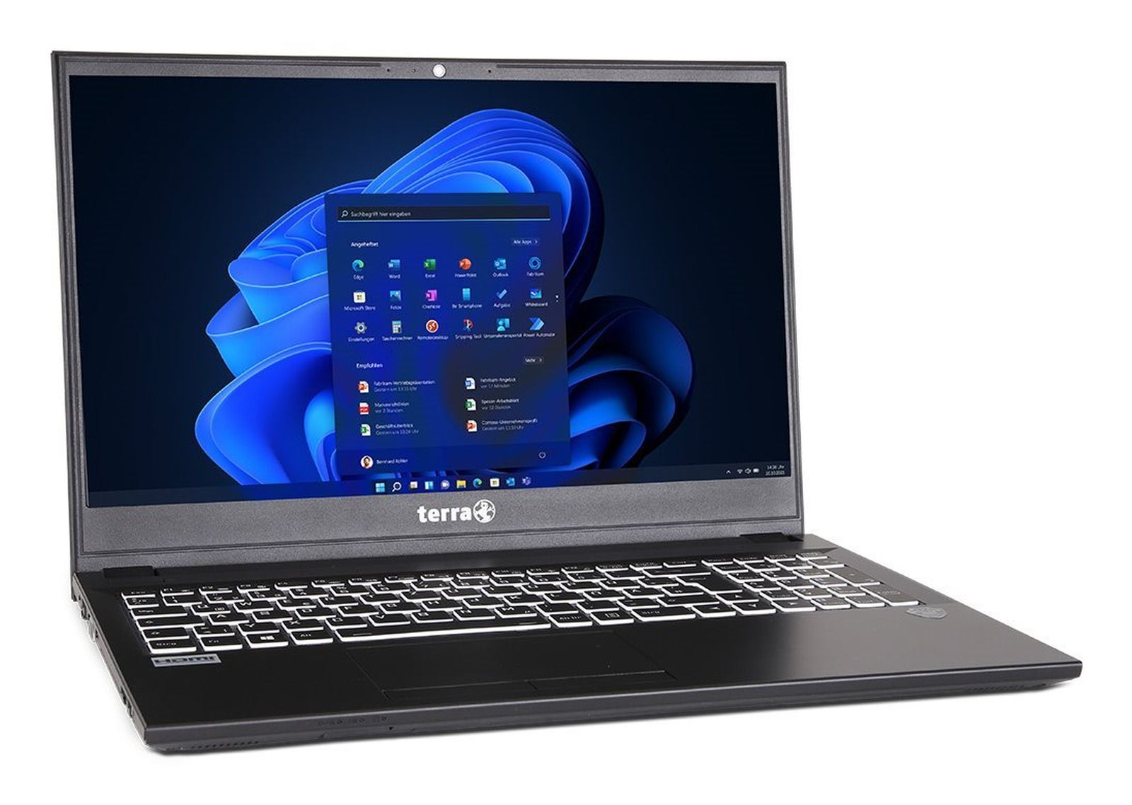 Czarny laptop z podświetlonym ekranem wyświetlającym interfejs Windows 11. Białe tło.