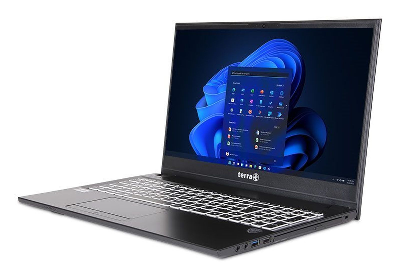 Czarny laptop z otwartym interfejsem Windows na białym tle.