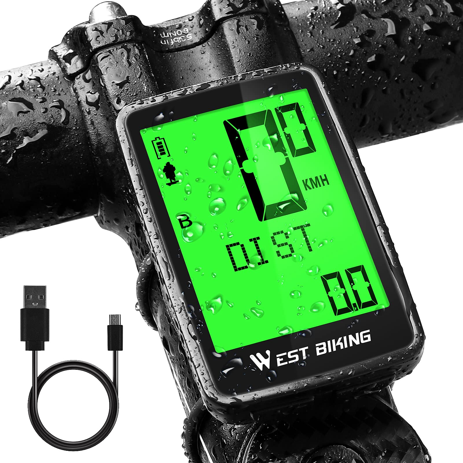 Fahrradcomputer am Lenker. Grünes Display zeigt Geschwindigkeit, Distanz und Zeit.