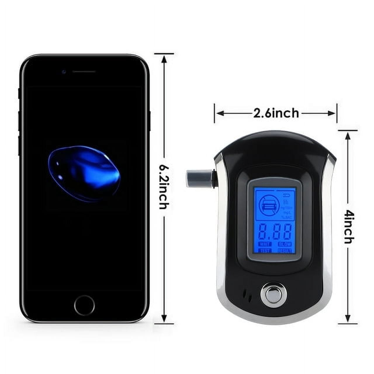 Ein schwarzes Smartphone neben einem Alkoholtester. Der Alkoholtester zeigt einen digitalen Wert von 8,88 und 4 Zoll an.