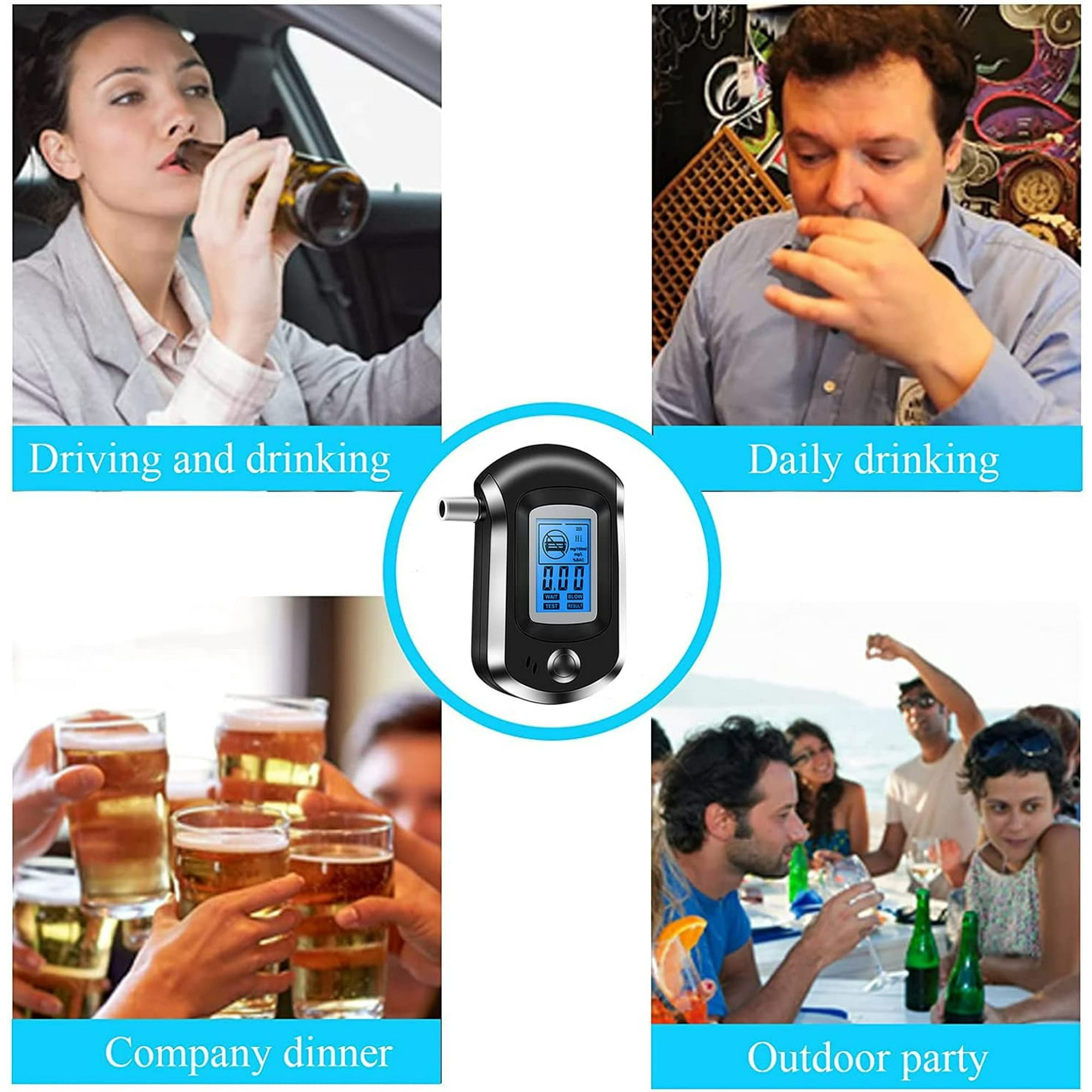 Vier Bilder, die zeigen, wie Menschen trinken und in verschiedenen Umgebungen einen Alkoholtester verwenden.