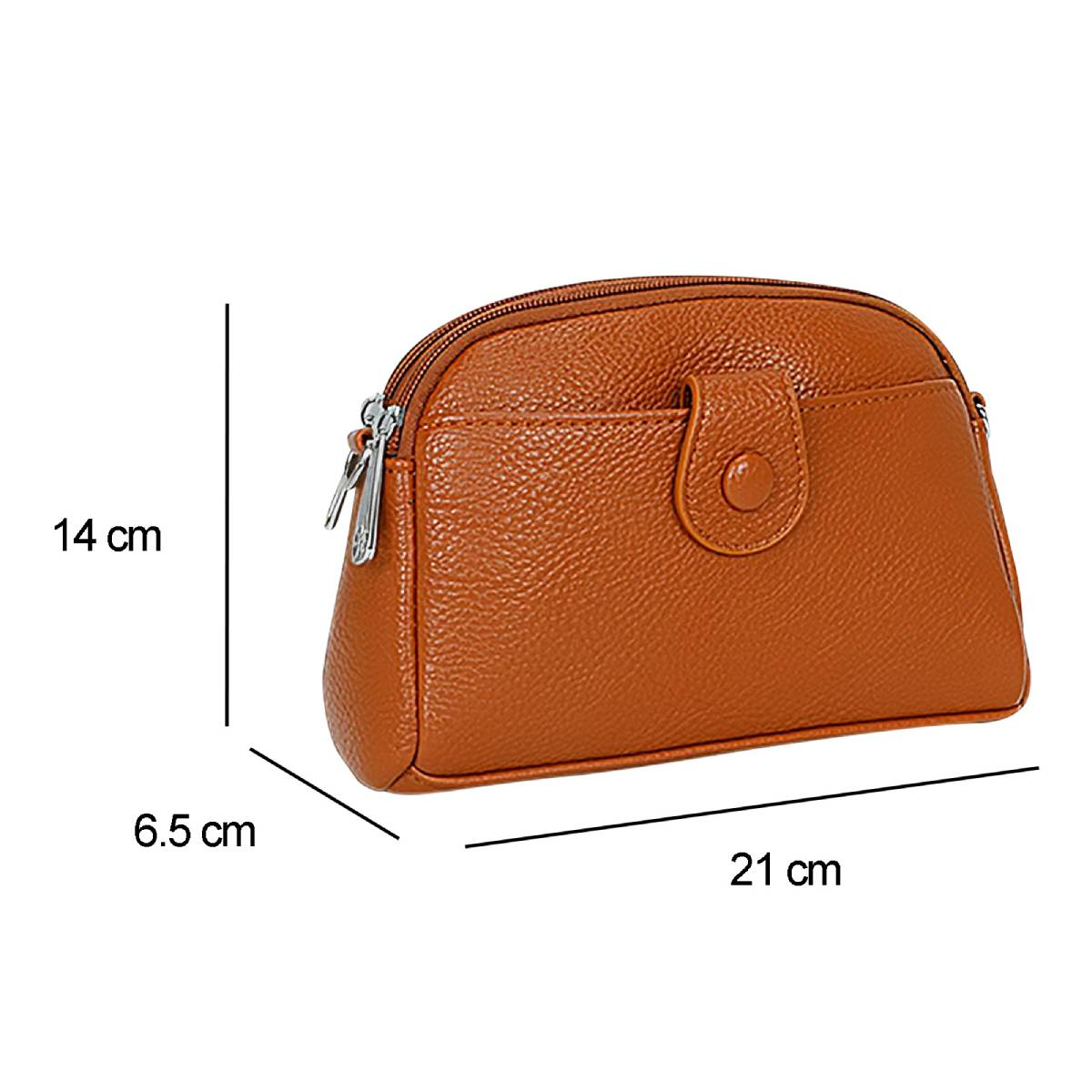 Braune Ledertasche. Sie hat einen Reißverschluss und einen Knopfverschluss. Abmessungen sind angegeben.