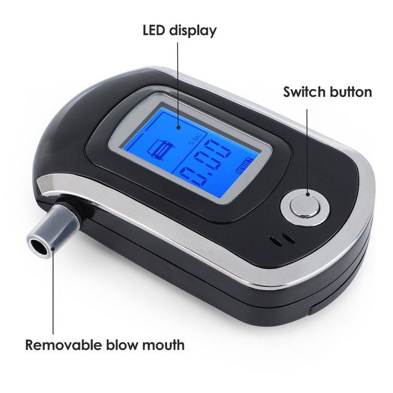 Schwarzer Alkoholtester mit Digitalanzeige und abnehmbarem Mundstück.