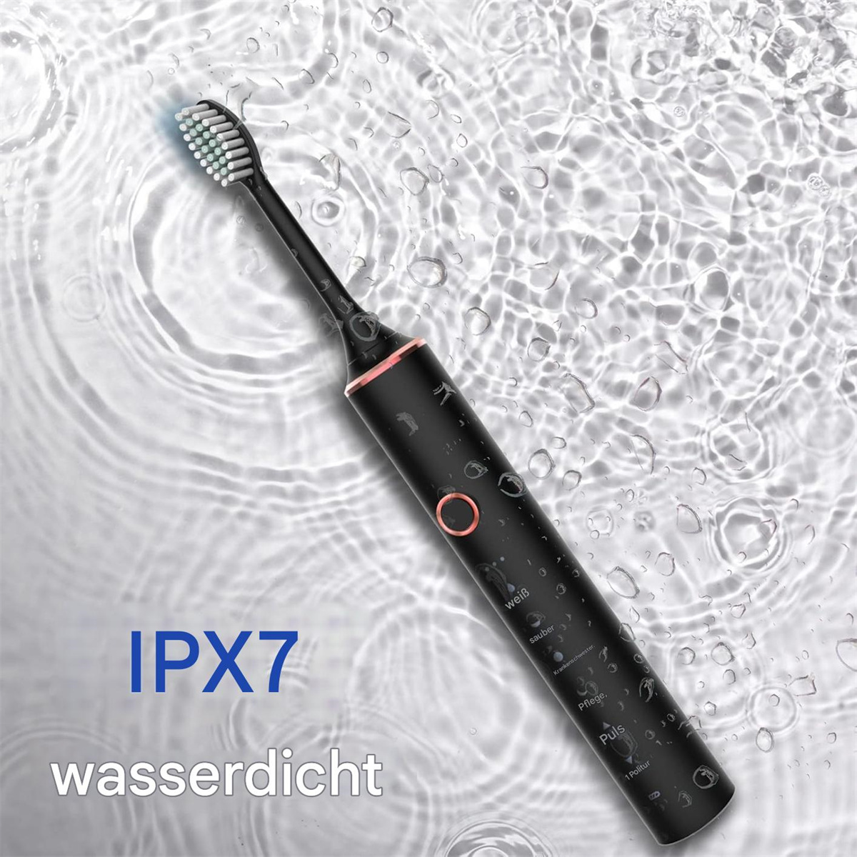 Eine schwarze elektrische Zahnbürste mit Wassertropfen. Der Text 'IPX7 wasserdicht' ist vorhanden.