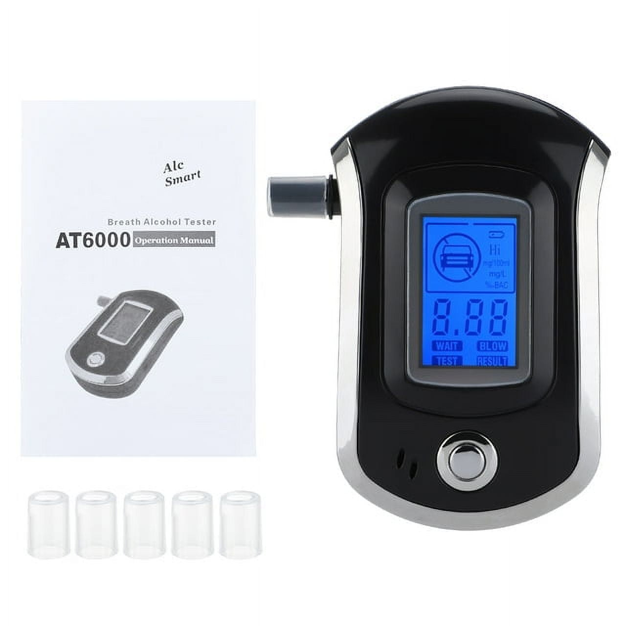 Atemalkoholtester mit Digitalanzeige. Zeigt einen Wert von 8,88 an. Inklusive Handbuch.