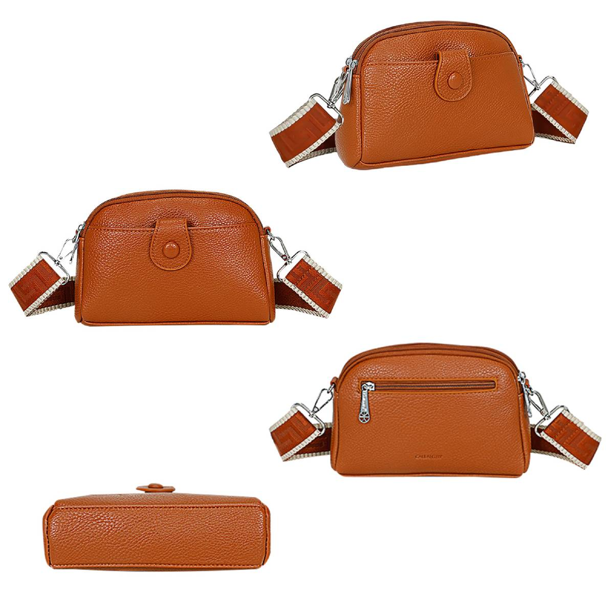 Mehrere braune Lederhandtaschen, jede mit einem Riemen und einem Knopfverschluss.