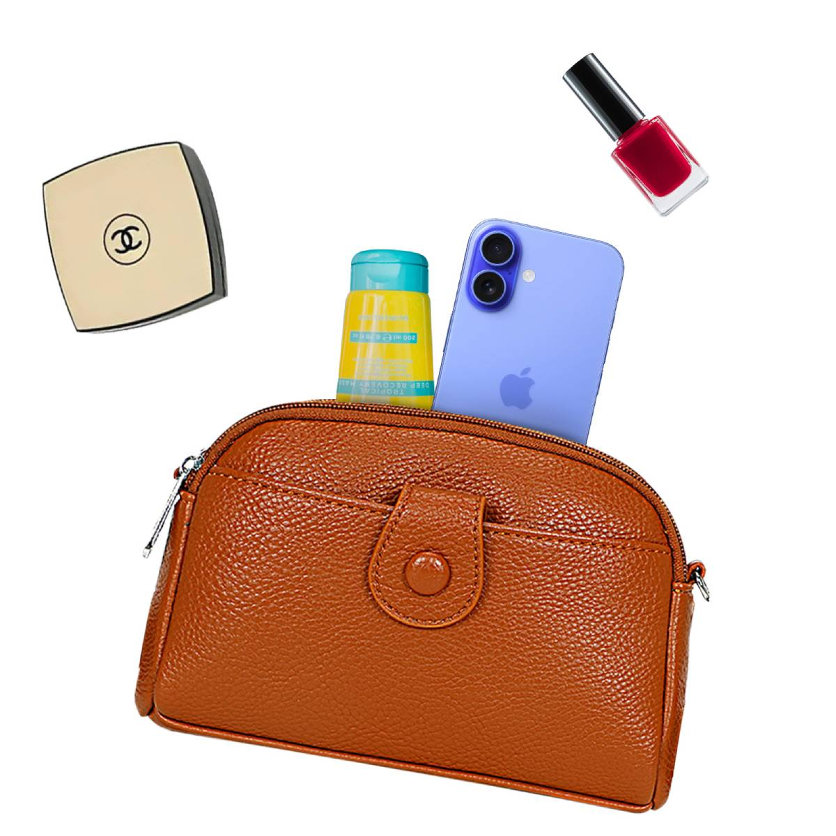 Braune Tasche mit Kosmetika und Telefon. Nagellack und Creme befinden sich oben. Weißer Hintergrund.