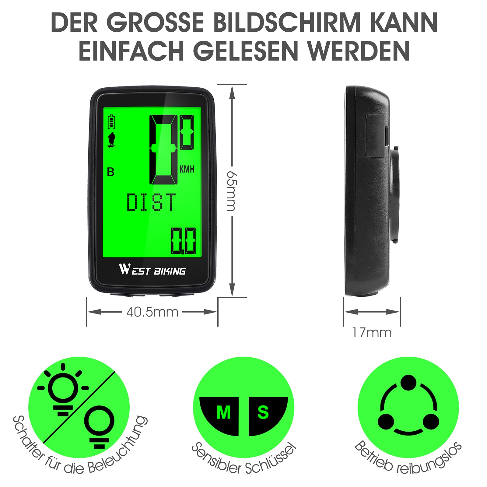 Ein Fahrradcomputer mit Datenanzeige. Text auf Deutsch. Grüner Bildschirm mit schwarzem Rahmen.