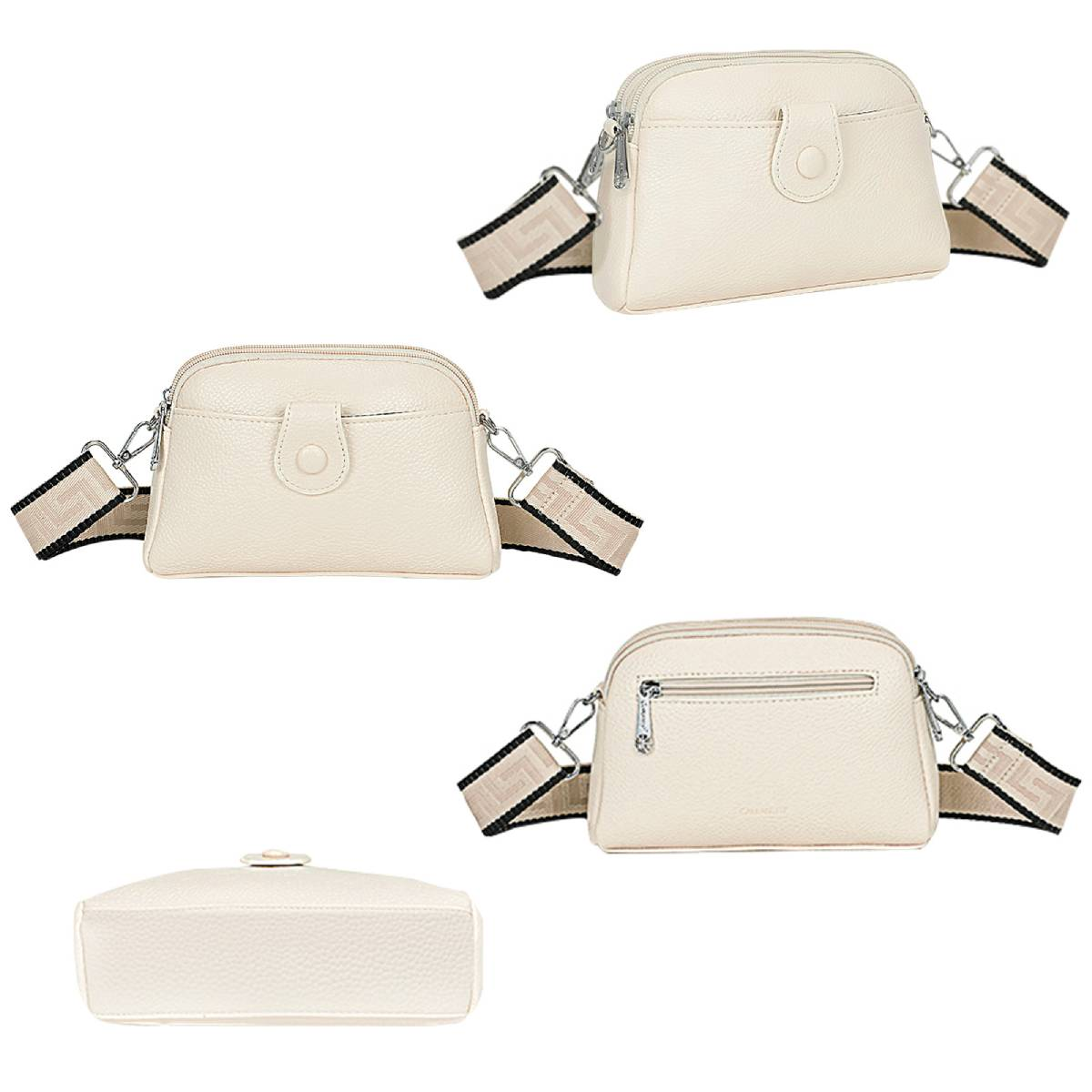 Vier cremefarbene Handtaschen mit silberfarbener Hardware, aus verschiedenen Winkeln dargestellt.