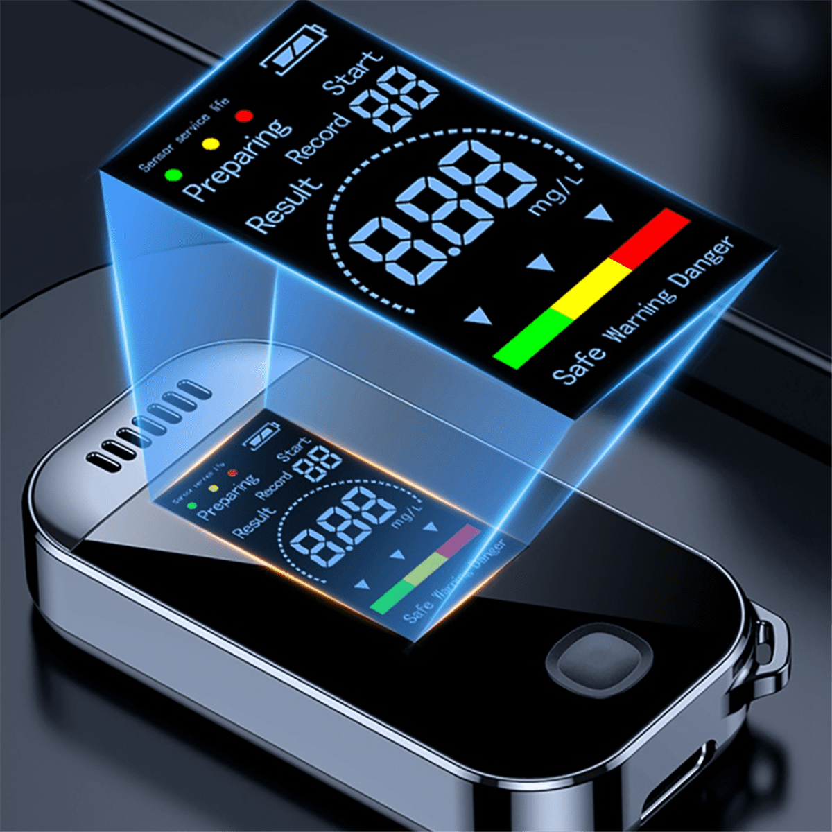Alkoholtester, der einen sicheren Alkoholpegel auf dem Bildschirm anzeigt.