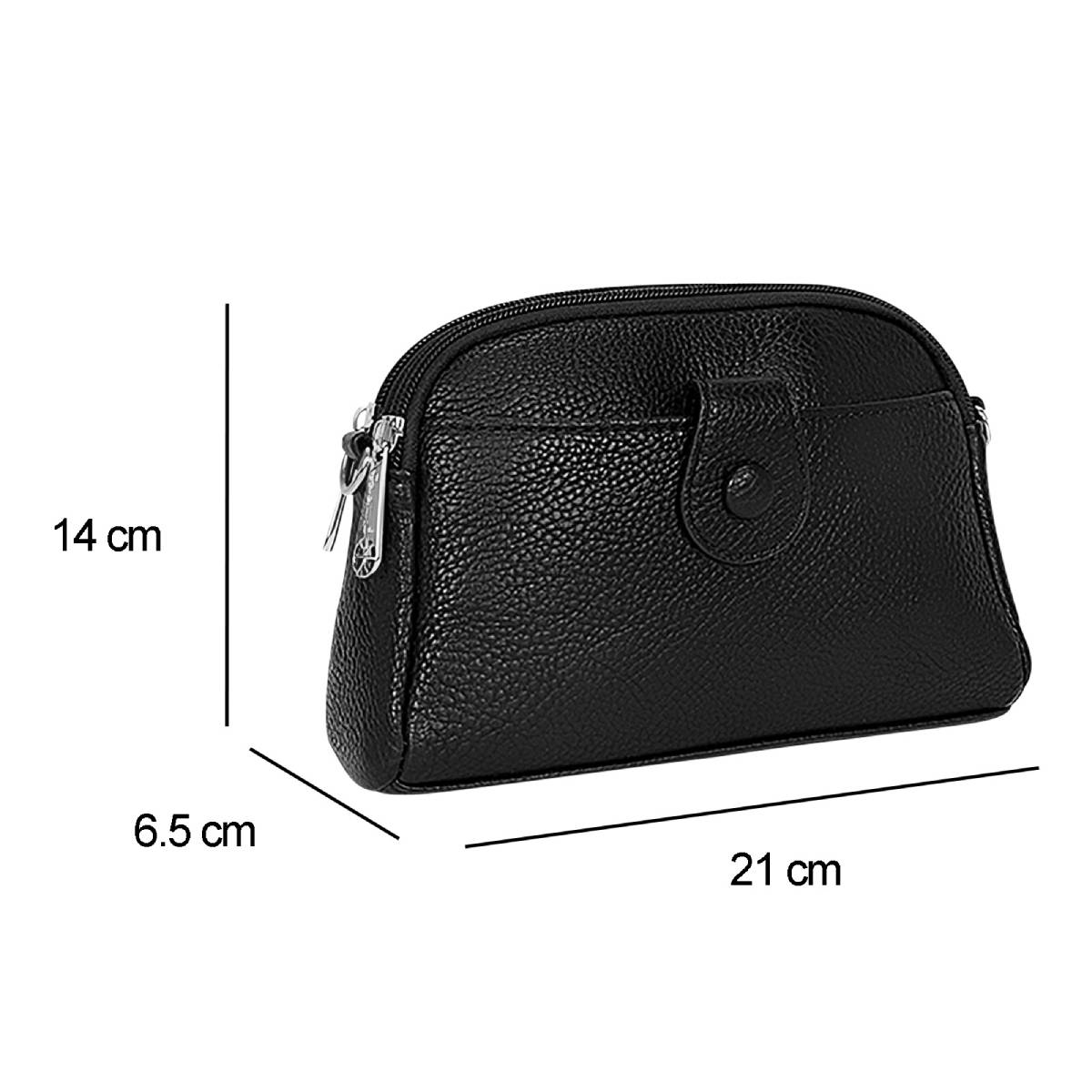 Schwarze Ledertasche mit Reißverschluss und Knopf. Maße: 21 cm x 14 cm x 6,5 cm.