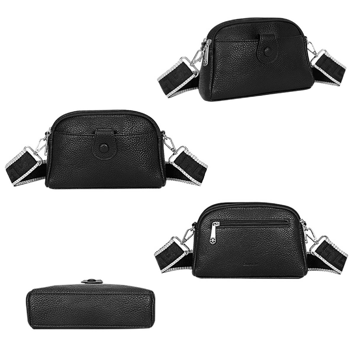 Schwarze Leder-Umhängetaschen in verschiedenen Ansichten. Taschen haben silberne Gurte.