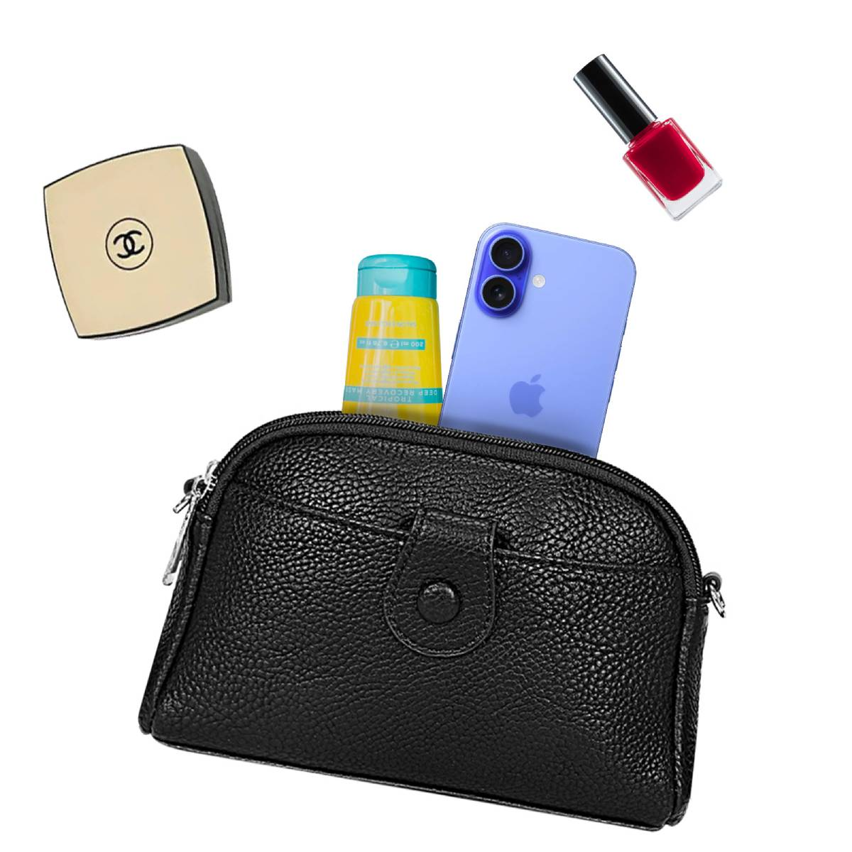 Eine schwarze Handtasche mit Telefon, Nagellack und Puder. Artikel sind verstreut.