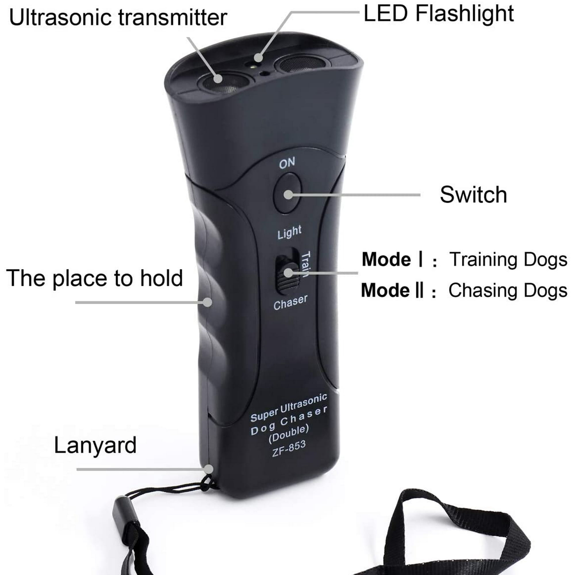 Schwarzer Ultraschall-Hundevertreiber mit Schalter und Lanyard. Beschriftete Komponenten.