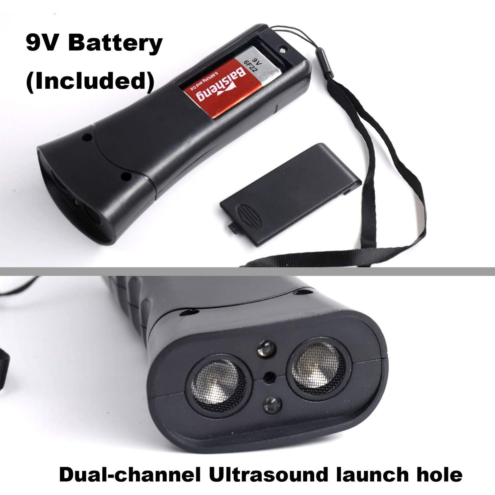 Schwarzes Hundetrainingsgerät mit 9V-Batterie und Dual-Channel-Ultraschall-Startlöchern.