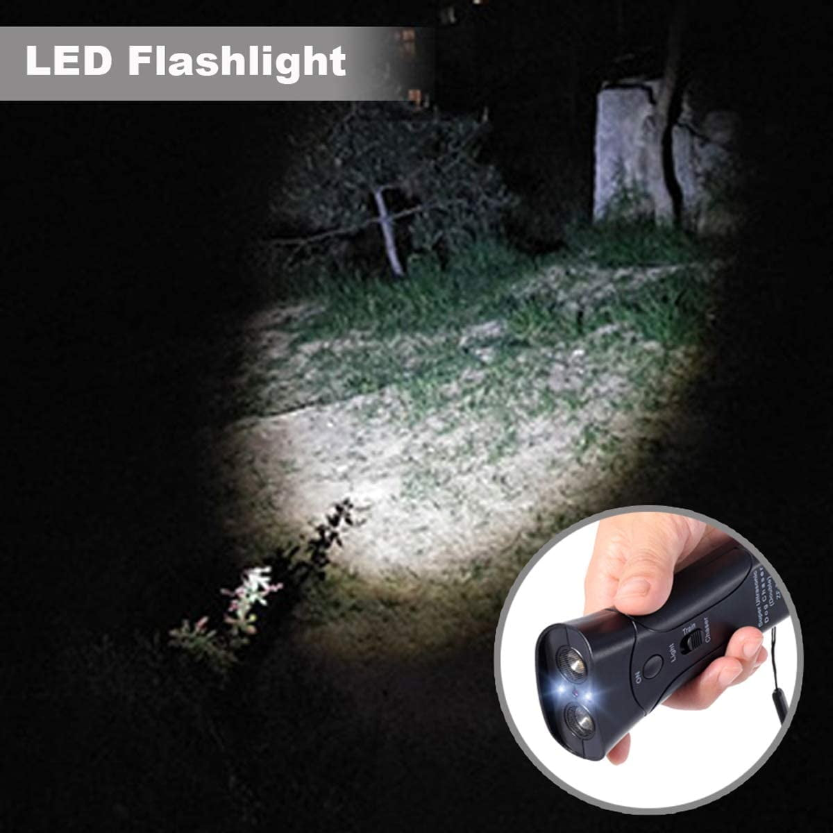 LED-Taschenlampe leuchtet. Person hält schwarze Taschenlampe. Dunkle Außenszene.