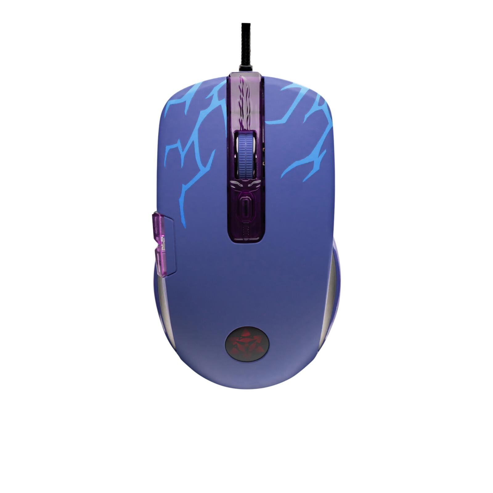 Mouse da gioco blu con design a fulmine e logo rosso. Su sfondo bianco.