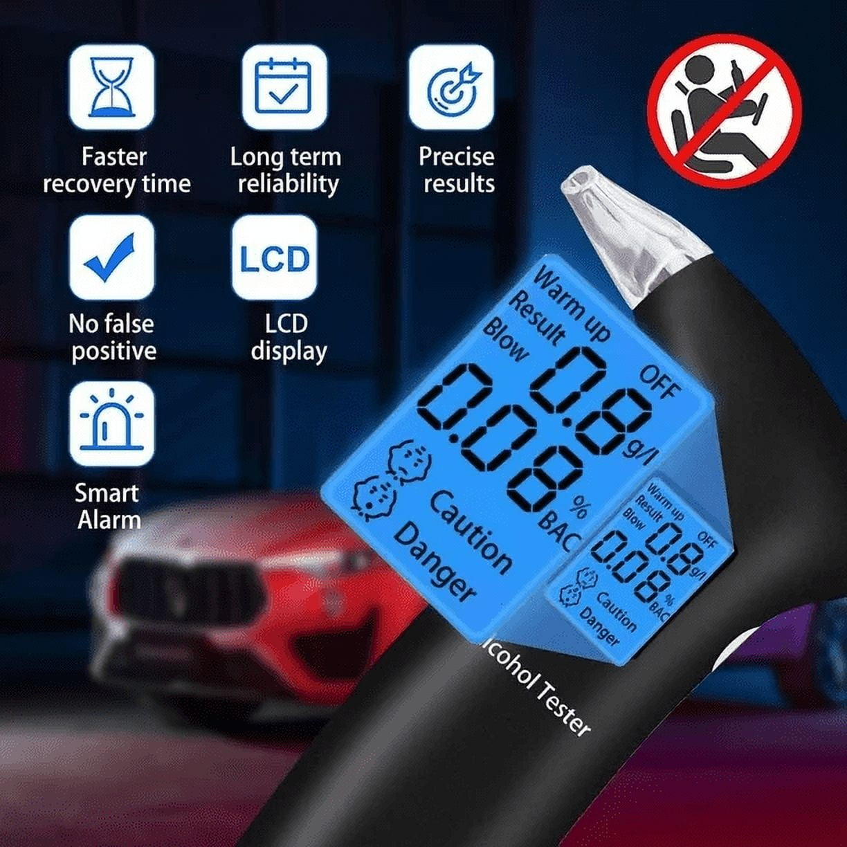 Alkoholtester mit 0,08 % BAC-Anzeige, Symbolen und einem roten Auto im Hintergrund.