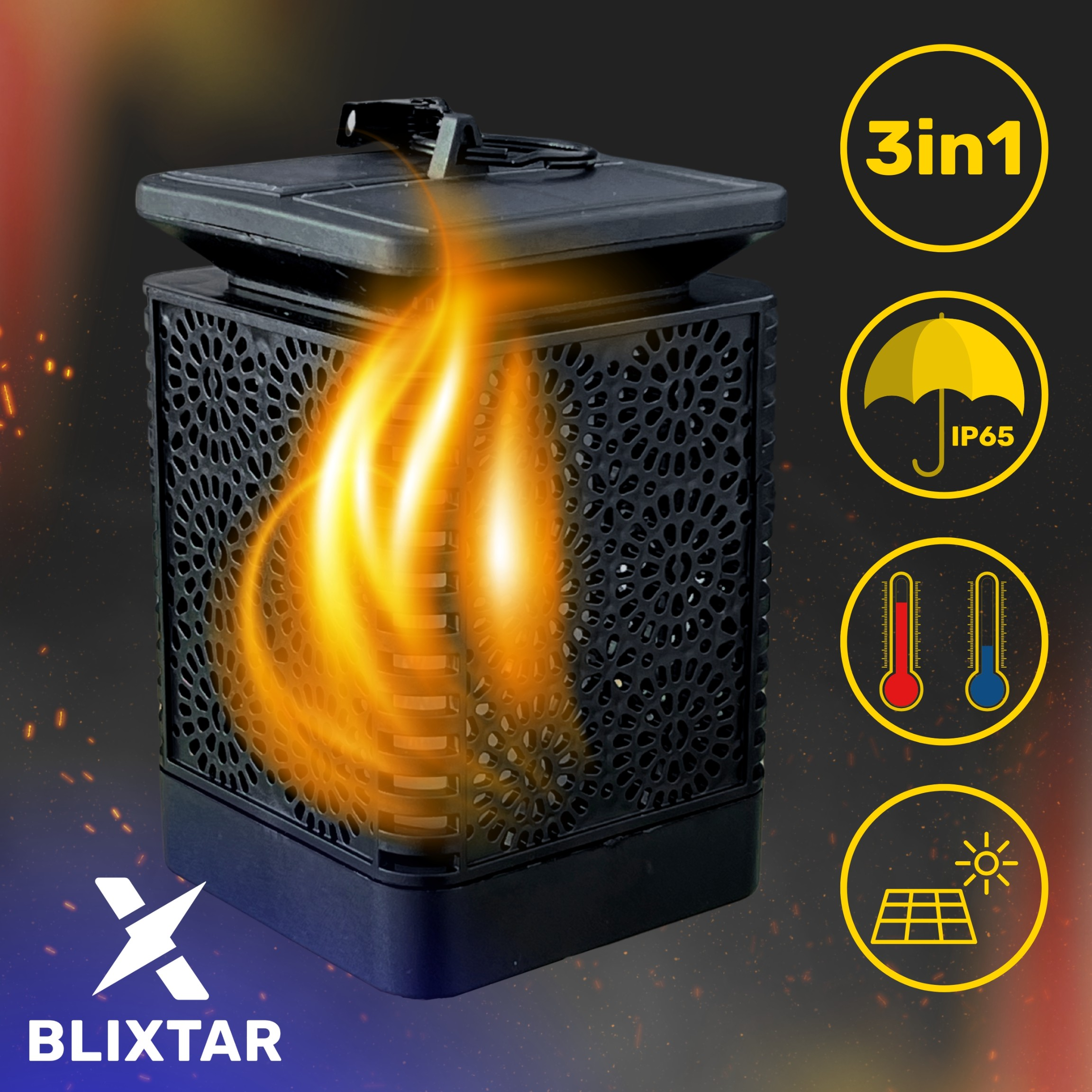 Czarna solarna lampa płomieniowa z efektem płomienia, ikonami i logo marki.