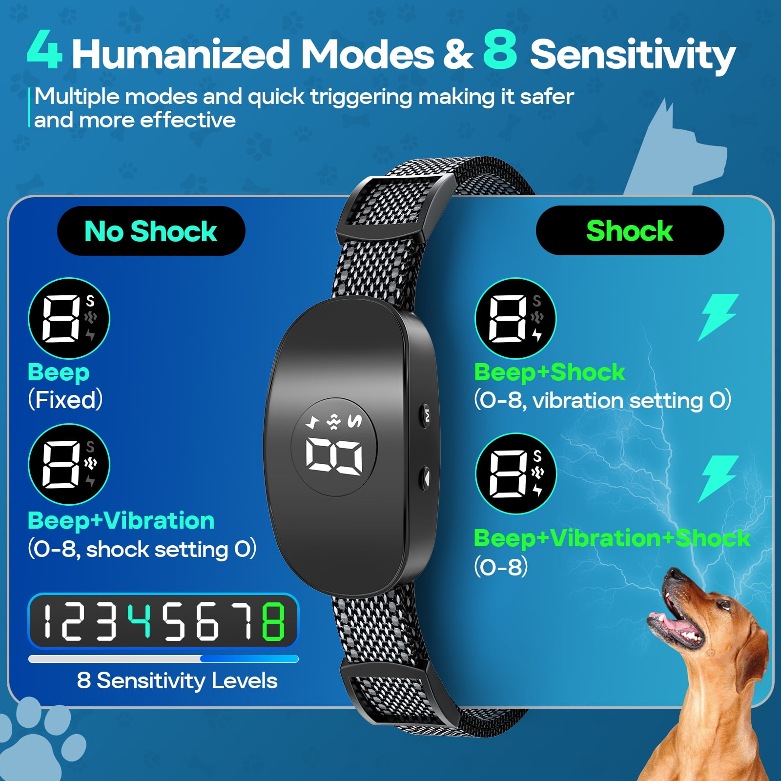 Hundetrainingshalsband mit Einstellungen: Piepton, Vibration und Schock. 8 Empfindlichkeitsstufen.