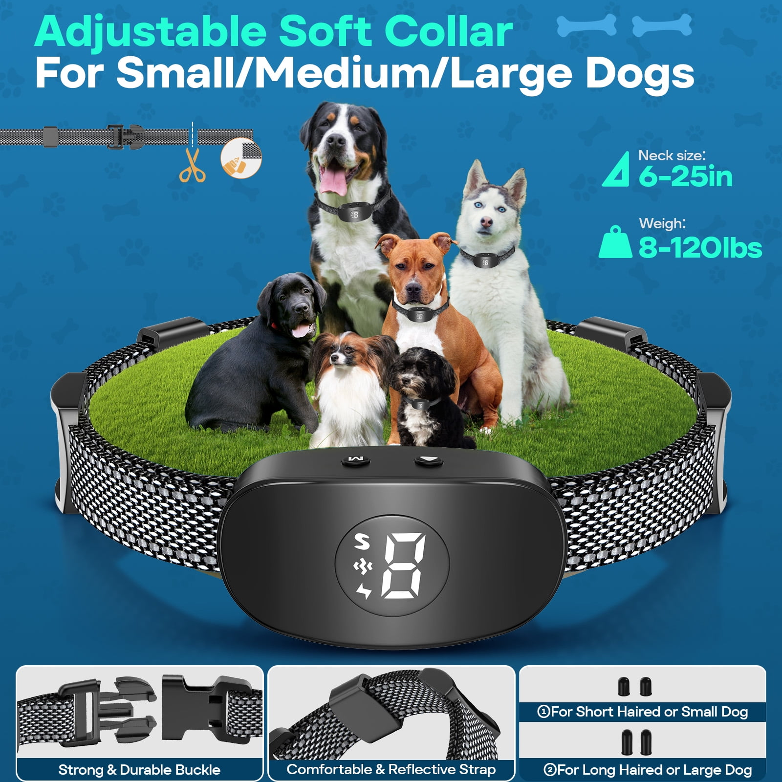 Eine Werbung mit mehreren Hunden, die Halsbänder mit digitaler Anzeige und Schnalle tragen.