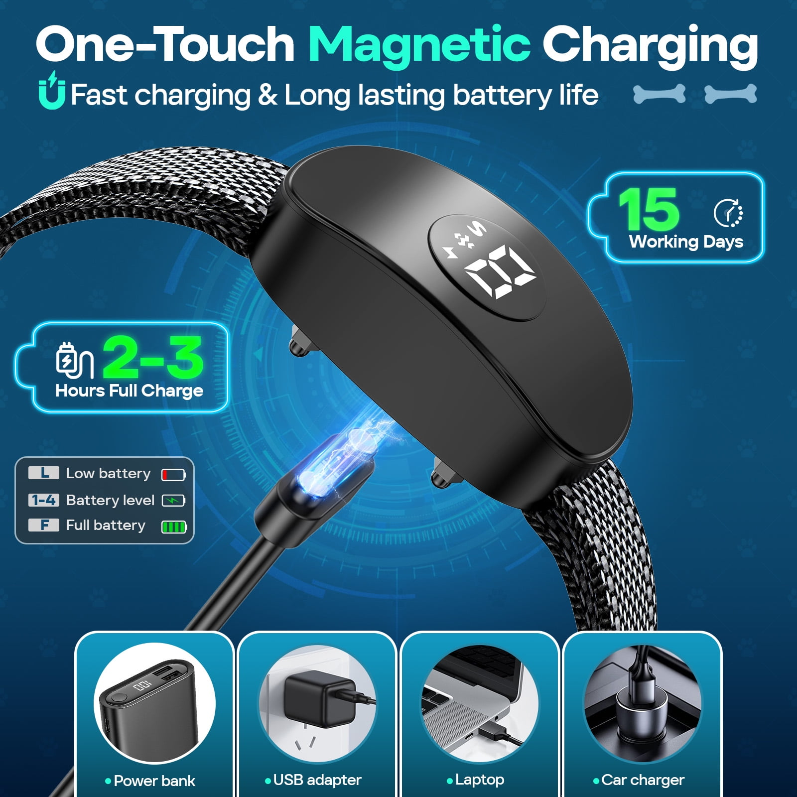 Ein schwarzes Hundehalsband mit Bildschirm, Ladekabel und Powerbank. Es hat einen USB-Adapter.