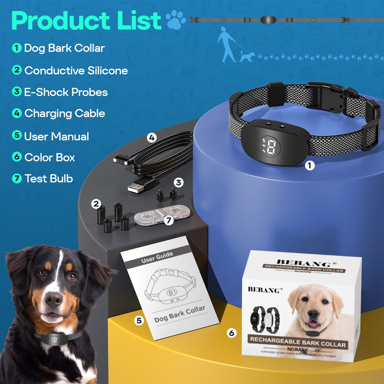 Eine Produktliste mit Artikeln und einem Hundehalsband. Links ist ein Hund.