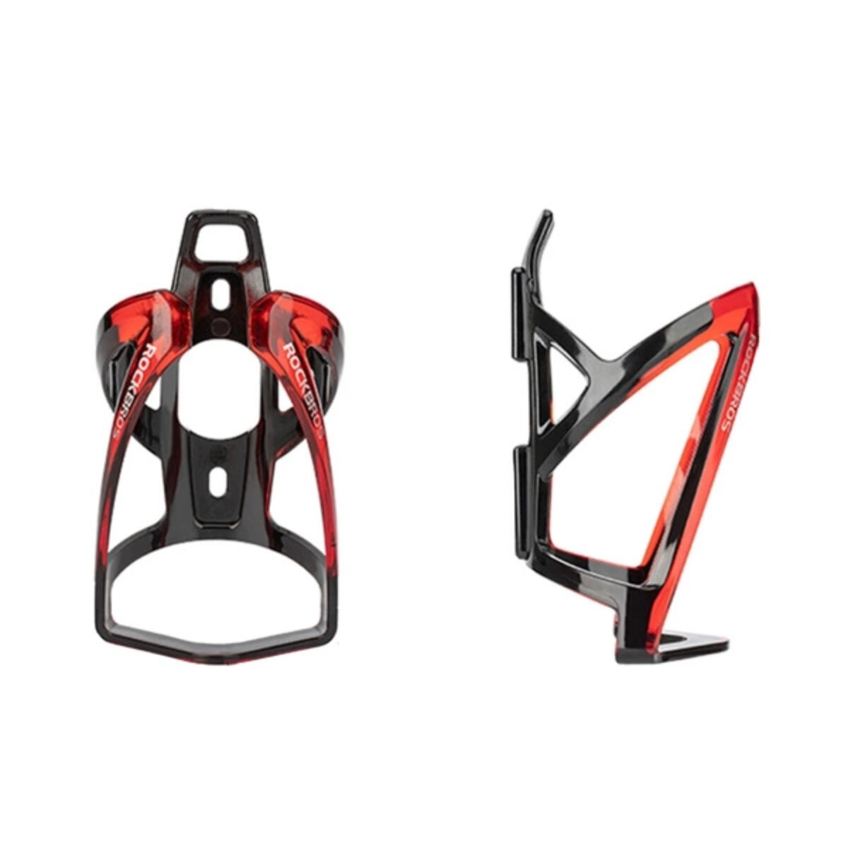 Roter und schwarzer Fahrrad-Flaschenhalter, zwei Ansichten.