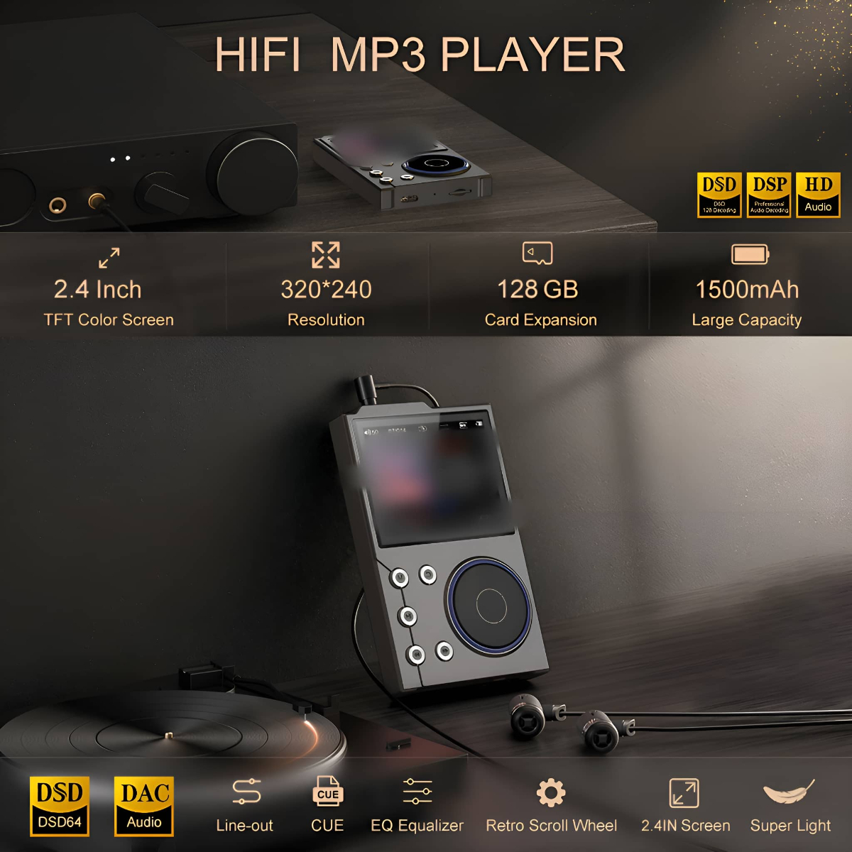 HiFi MP3-Player mit 2,4-Zoll-Bildschirm, Tasten und Retro-Scrollrad. Schwarzes Gerät auf dem Tisch.