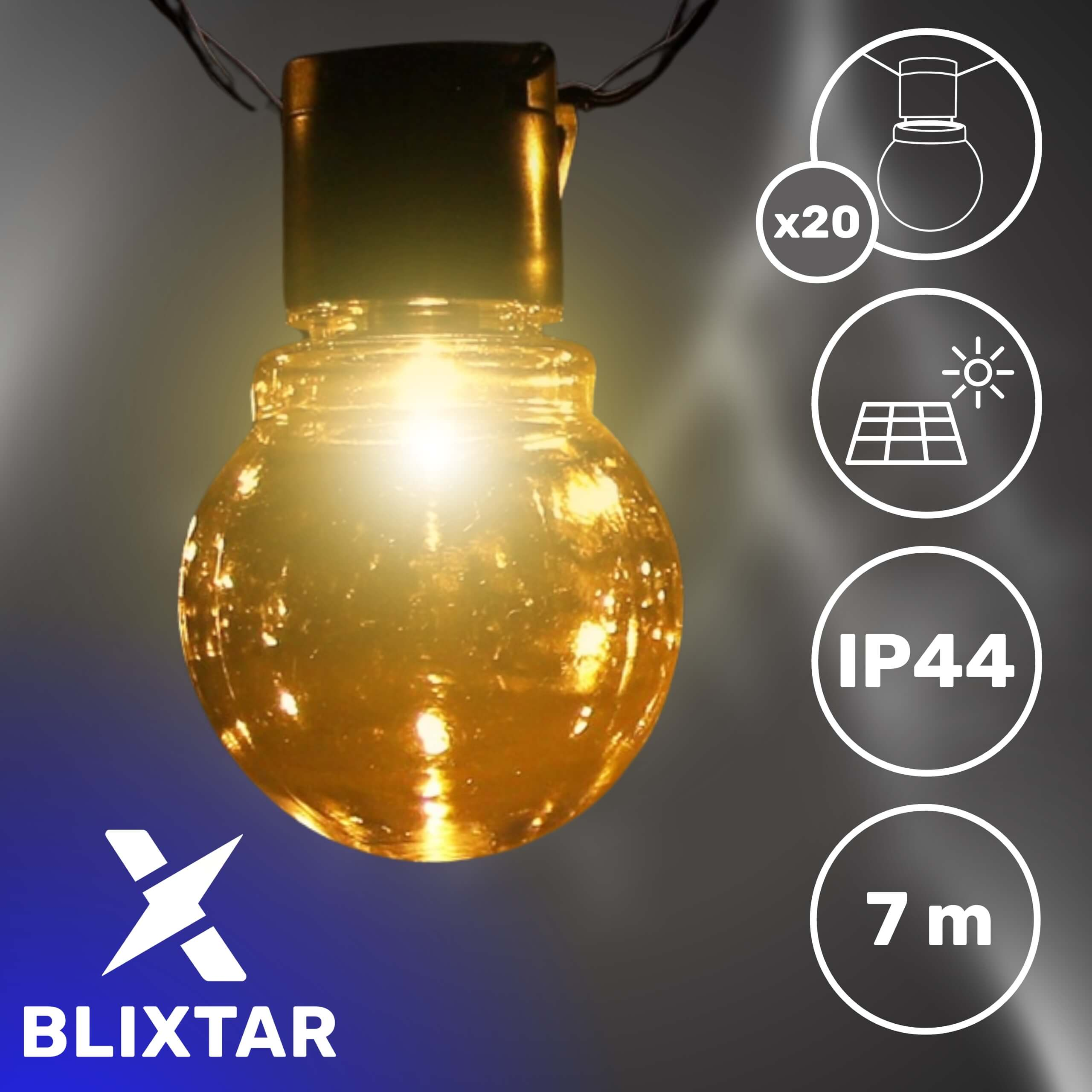 Solarne lampki choinkowe o ciepłej poświacie. Zawiera 20 żarówek, stopień ochrony IP44 i 7 metrów.