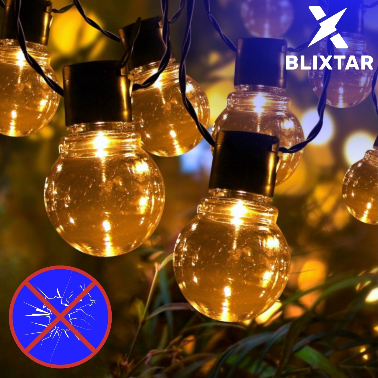 Lampki choinkowe z okrągłymi żarówkami i symbolem pękniętej żarówki. Żarówki są zapalone i świecą.