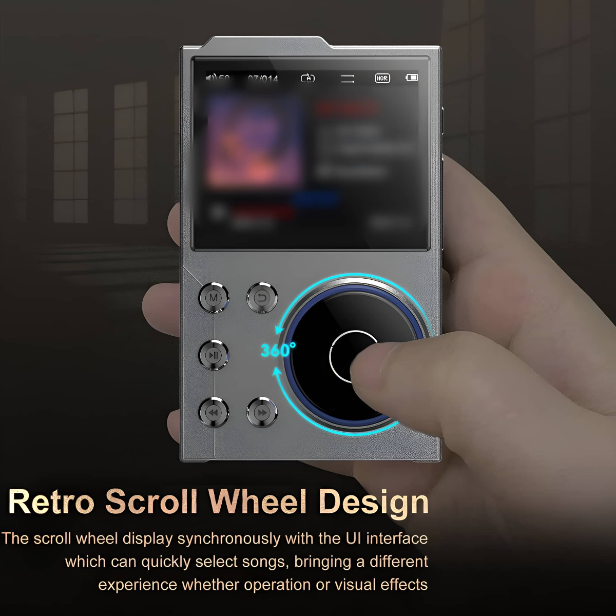 Silberner digitaler Musikplayer mit Scrollrad und Knöpfen. UI-Oberfläche.