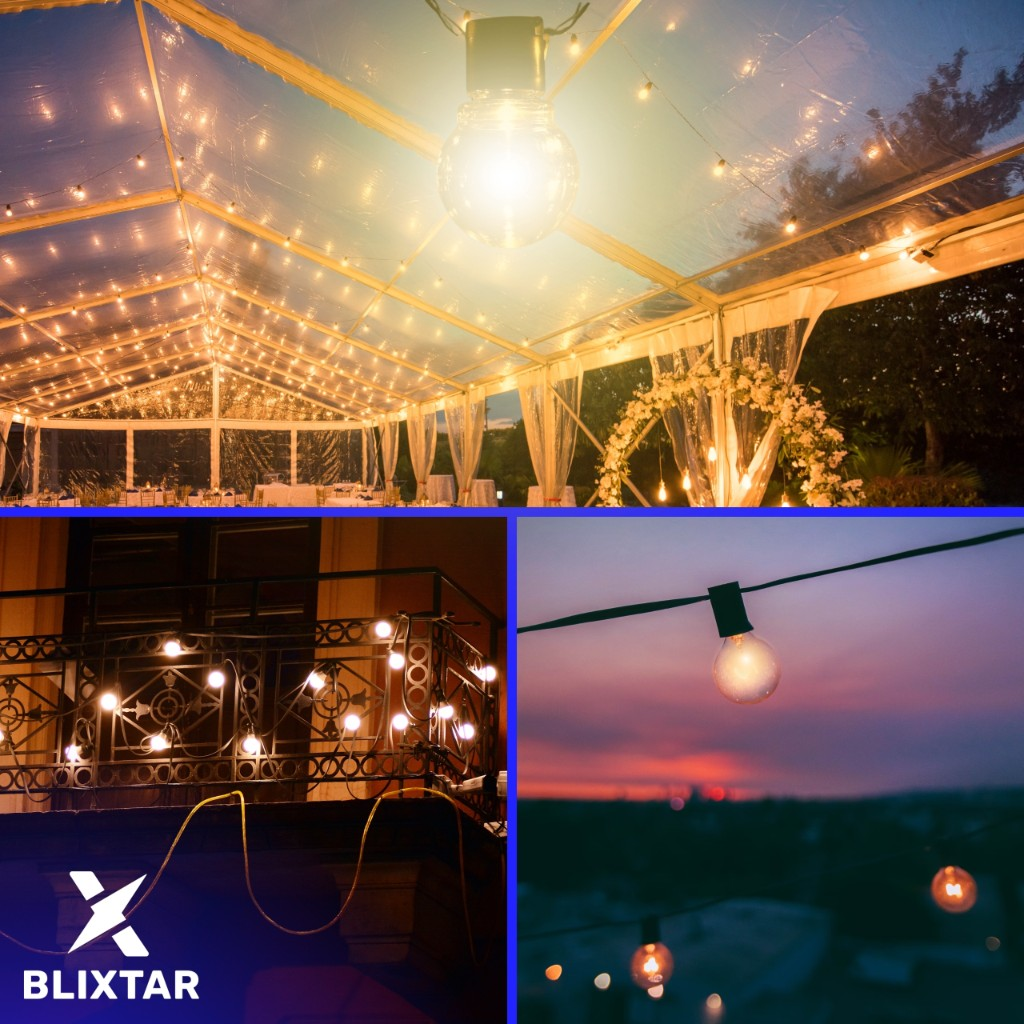 Światła rozwieszone na namiocie i balkonie. W scenie panuje romantyczna atmosfera.