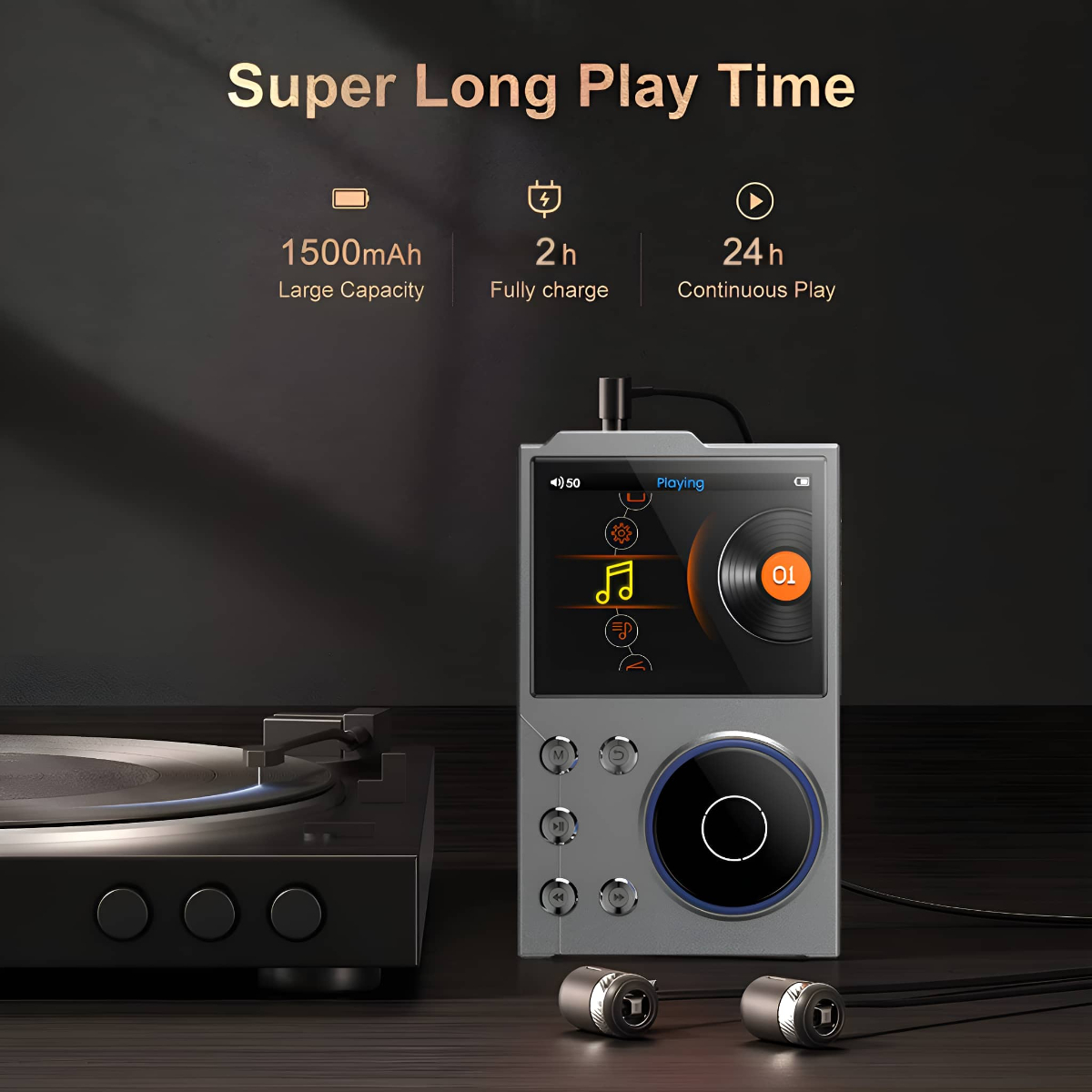 Ein tragbarer Musikplayer mit Bildschirm und Kopfhörern, der Batterie- und Spielzeitdetails zeigt.
