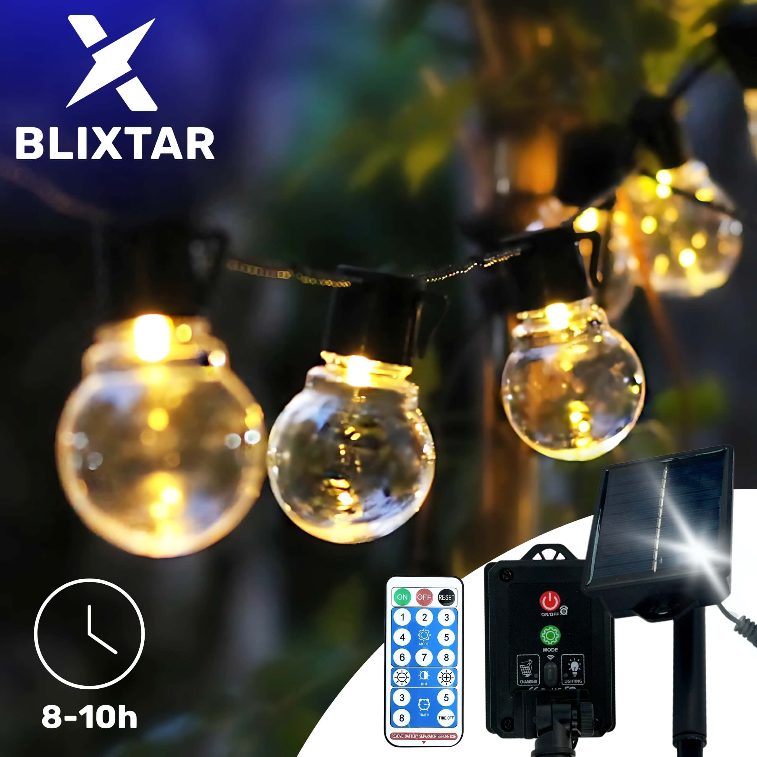 Zasilane energią słoneczną zewnętrzne lampki sznurkowe z okrągłymi żarówkami.