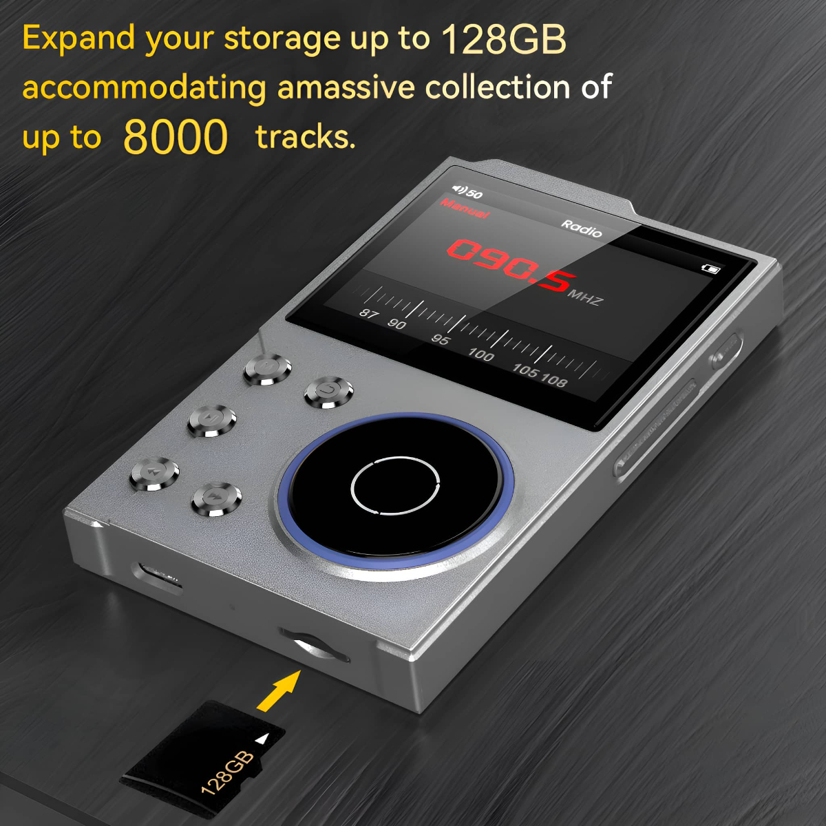 Silberner MP3-Player mit Bildschirm und 128GB Speicherkarte.