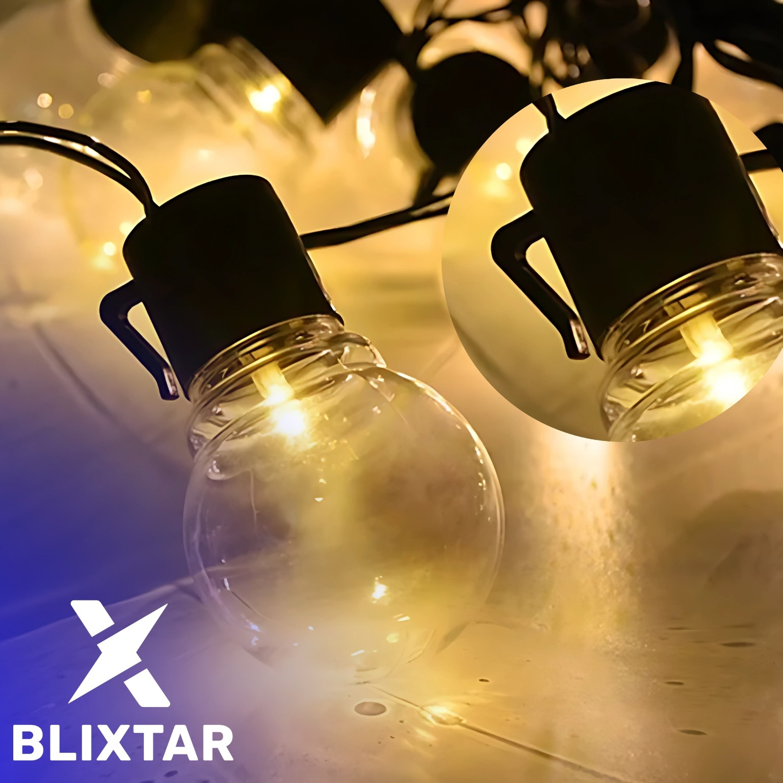 Szereg jasnych świateł w kształcie żarówek z logo. Zbliżenie pokazuje żarówkę.