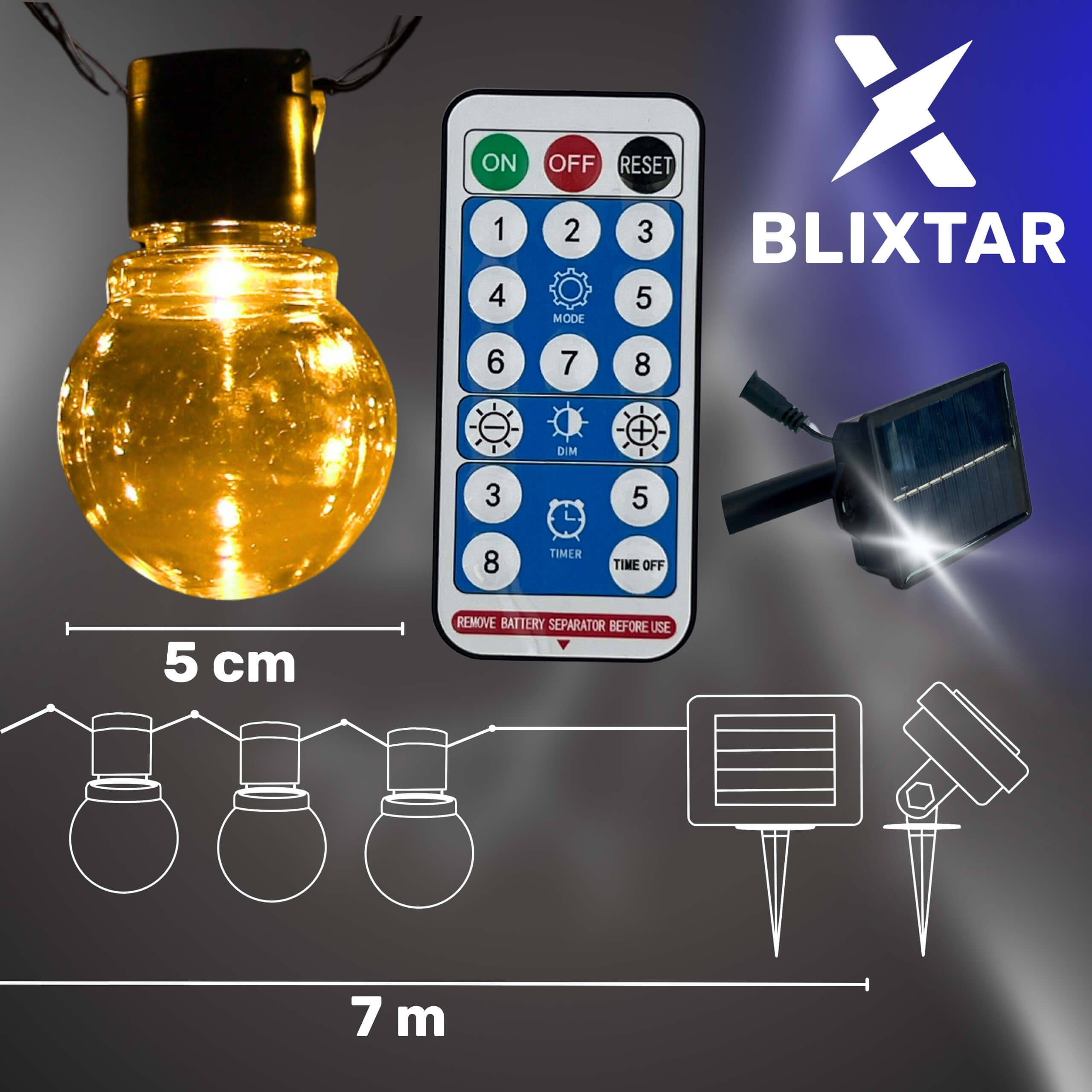 Zestaw lampek solarnych, pilot i schemat na ciemnym tle.